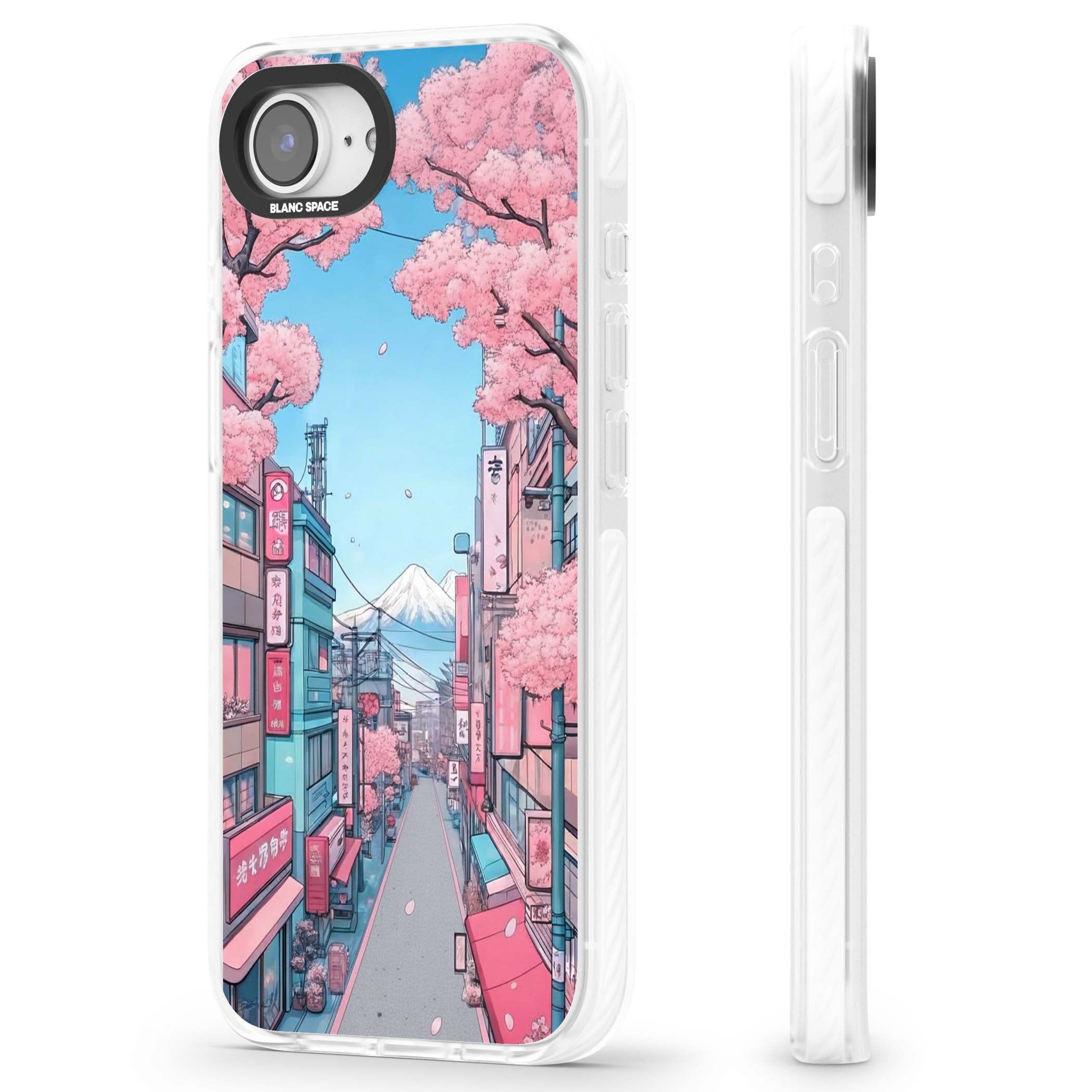 Sakura Lane anime iPhone case featuring Tokyo street scene with cherry blossoms and Mount Fuji | Clear Impact case for iPhone 16e, iPhone 17e