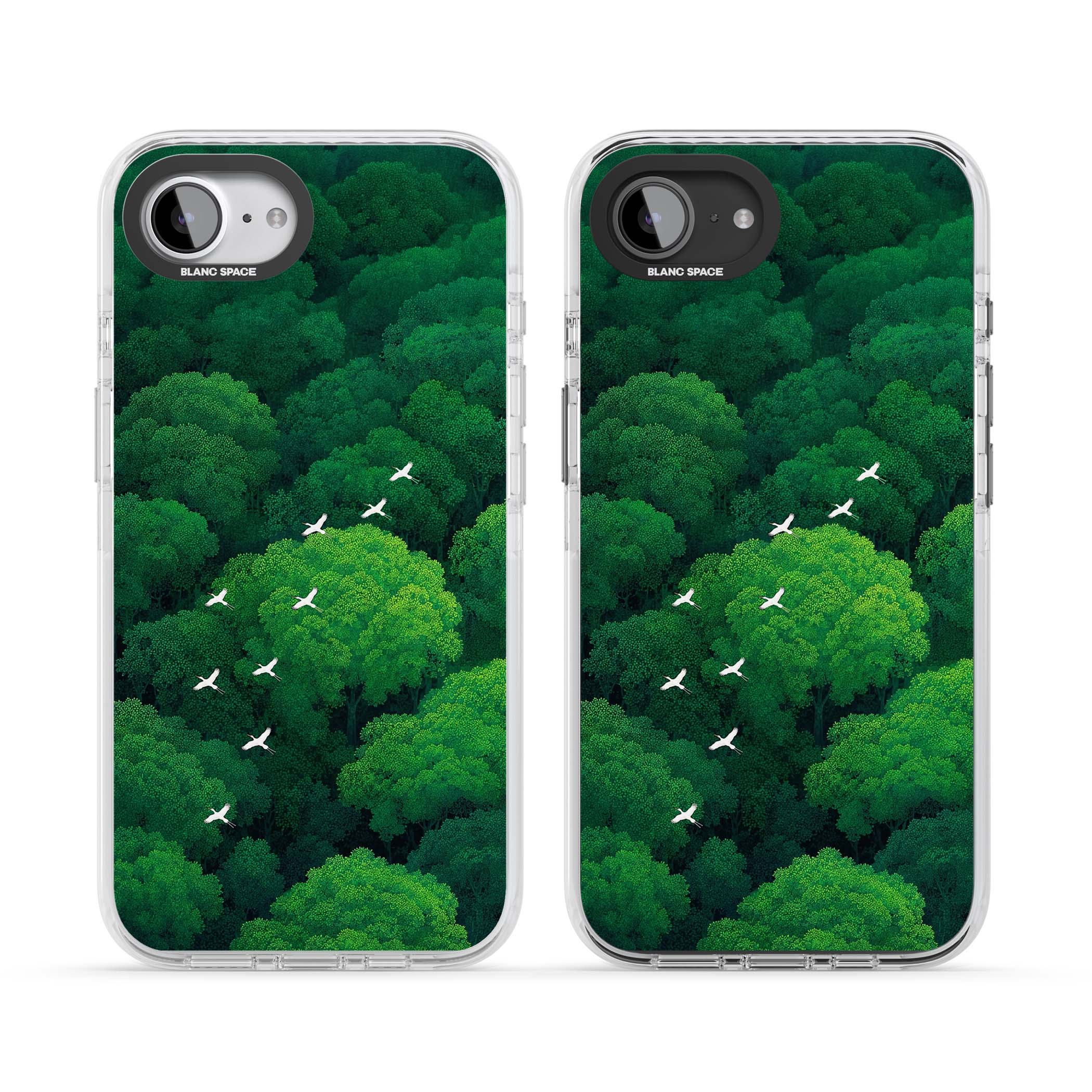 Grove Migration forest iPhone case featuring white cranes flying over lush green treetop canopy | Clear Impact case for iPhone 16e, iPhone 17e