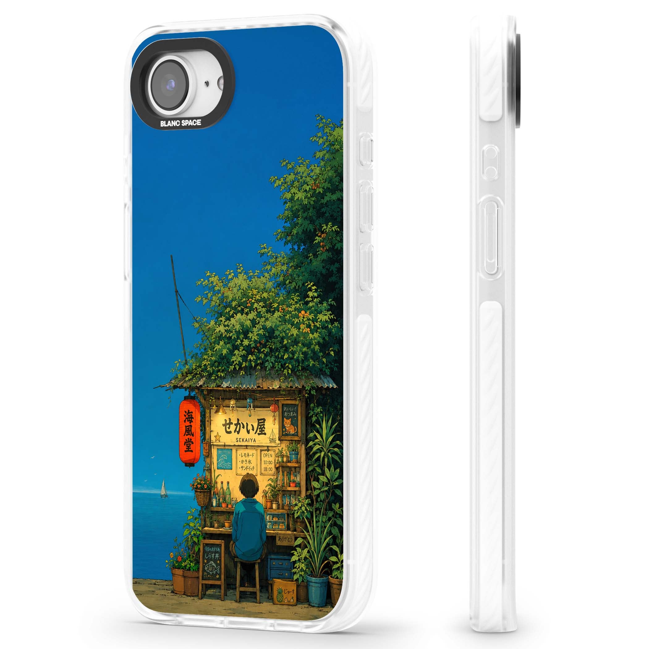 The Shirahama Kiosk anime iPhone case featuring a Japanese seaside shop, red paper lantern and ocean view | Clear Impact case for iPhone 16e, iPhone 17e