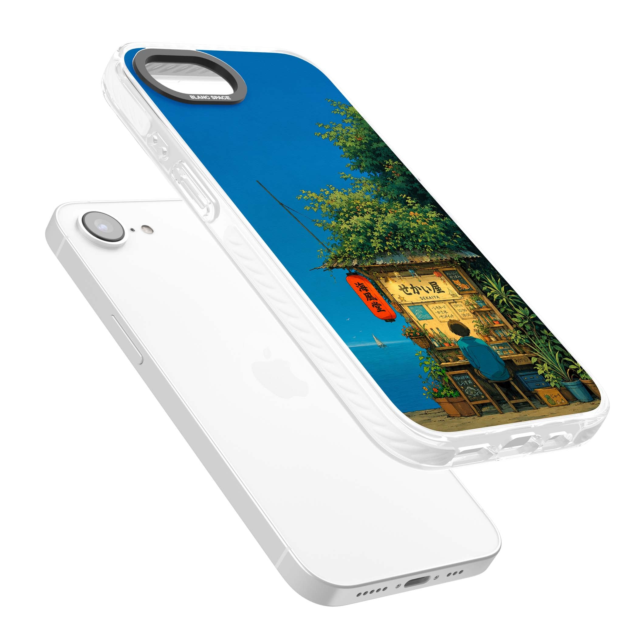 The Shirahama Kiosk anime iPhone case featuring a Japanese seaside shop, red paper lantern and ocean view | Clear Impact case for iPhone 16e, iPhone 17e