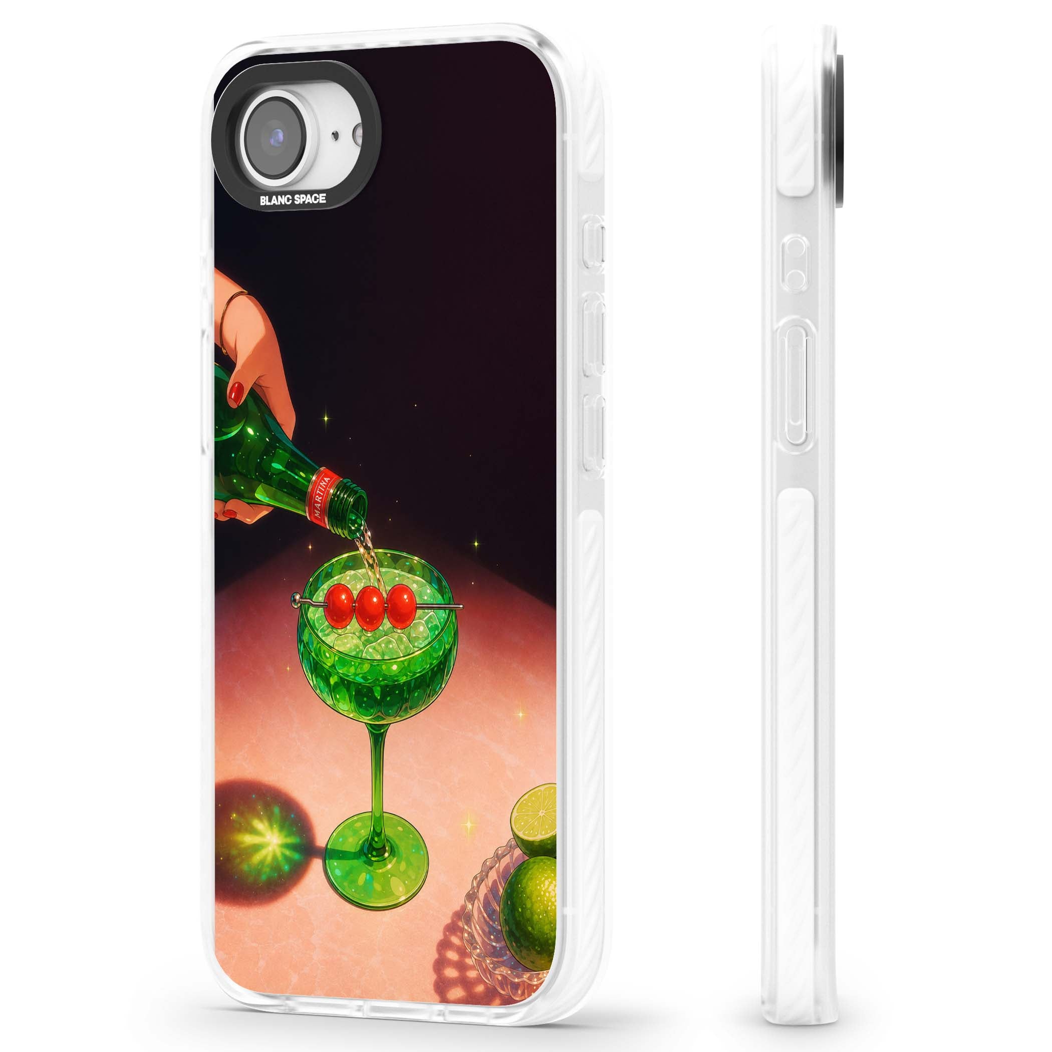 Absinthe Hour cocktail iPhone case featuring a green coupe glass, cherry garnish and vintage bottle pour illustration | Clear Impact case for iPhone 16e, iPhone 17e