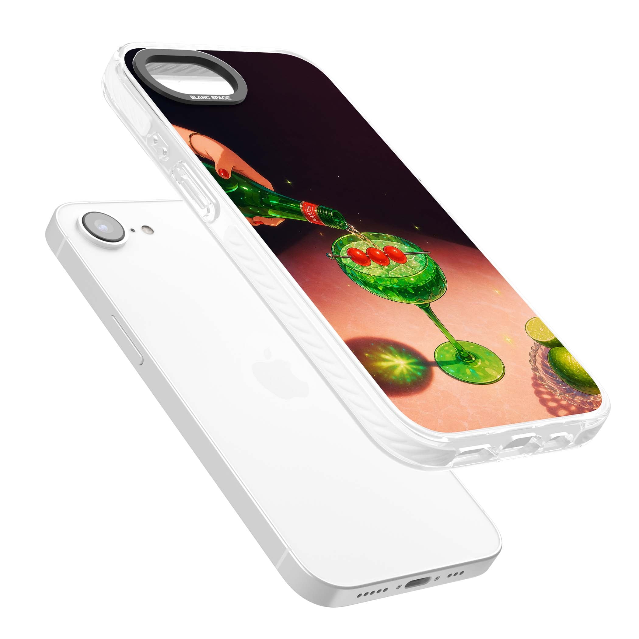 Absinthe Hour cocktail iPhone case featuring a green coupe glass, cherry garnish and vintage bottle pour illustration | Clear Impact case for iPhone 16e, iPhone 17e