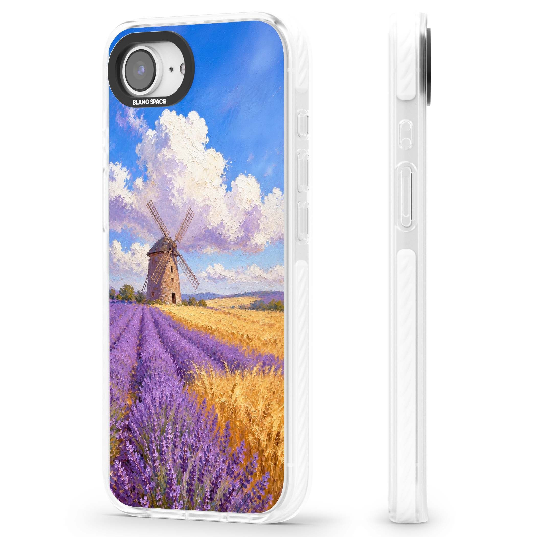 Lavender Mill cottagecore iPhone case featuring a French windmill, lavender field and golden wheat oil painting | Clear Impact case for iPhone 16e, iPhone 17e