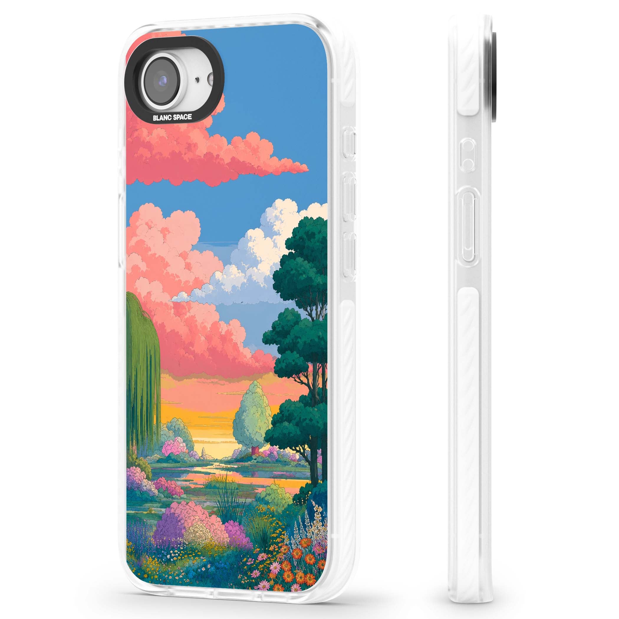 Dream Valley anime landscape iPhone case featuring pink sunset clouds, willow trees and wildflowers | Clear Impact case for iPhone 16e, iPhone 17e