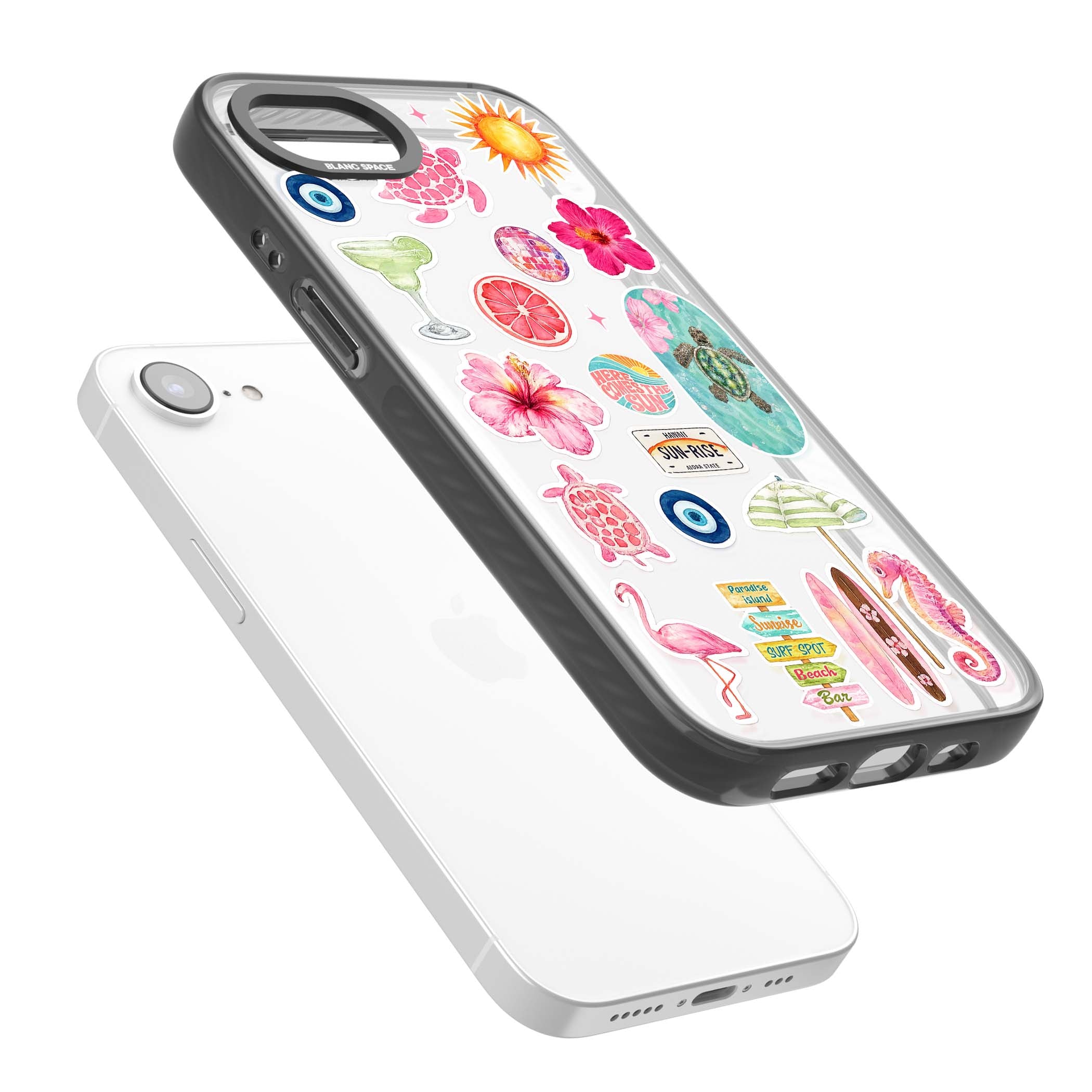 Aloha Sticker Mix tropical summer iPhone case featuring pink hibiscus, sea turtles, flamingo and beach umbrella stickers | Black Impact case for iPhone 16e, iPhone 17e