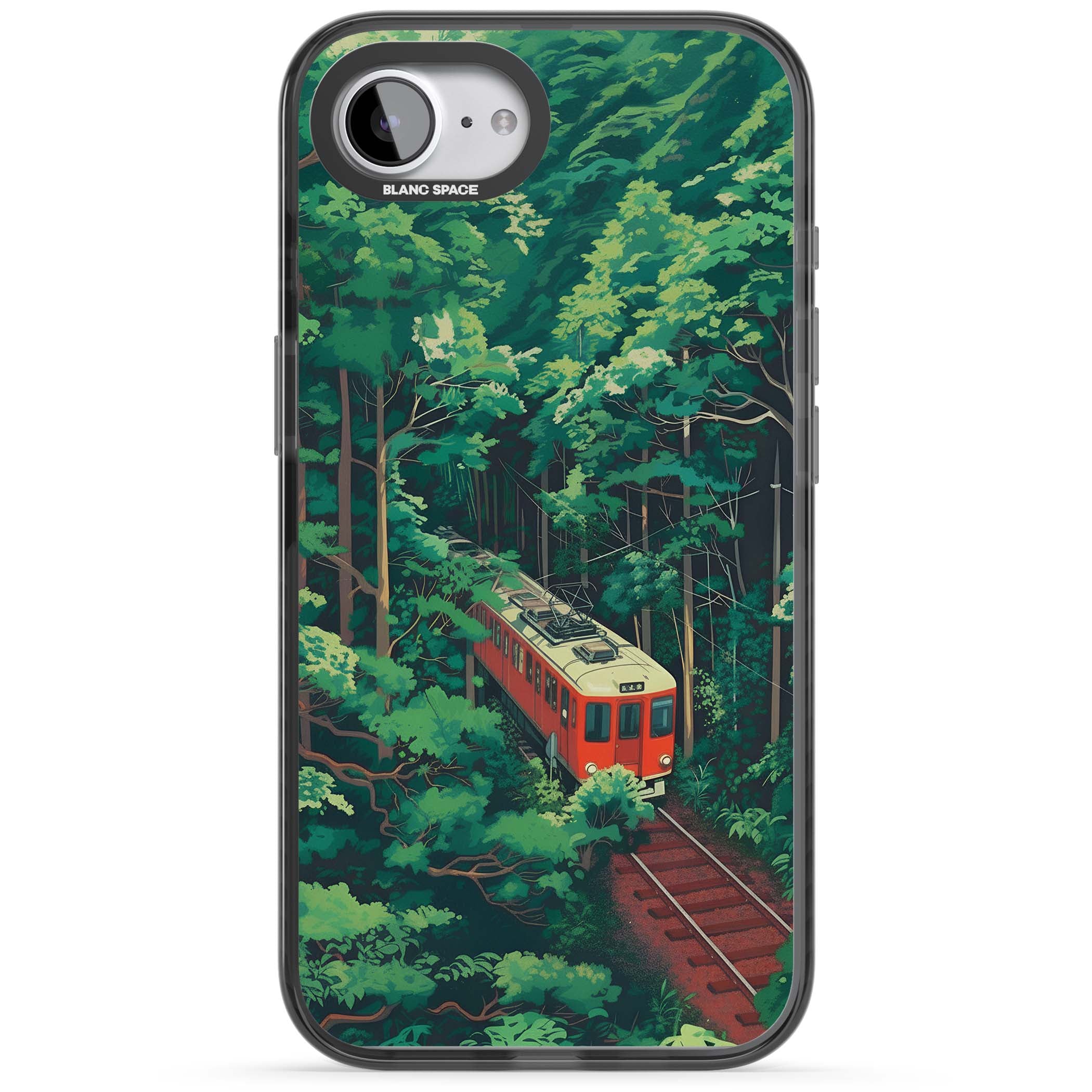 Railway In Toyama Japanese iPhone case featuring a red train, cedar forest and winding mountain railway tracks | Black Impact case for iPhone 16e, iPhone 17e