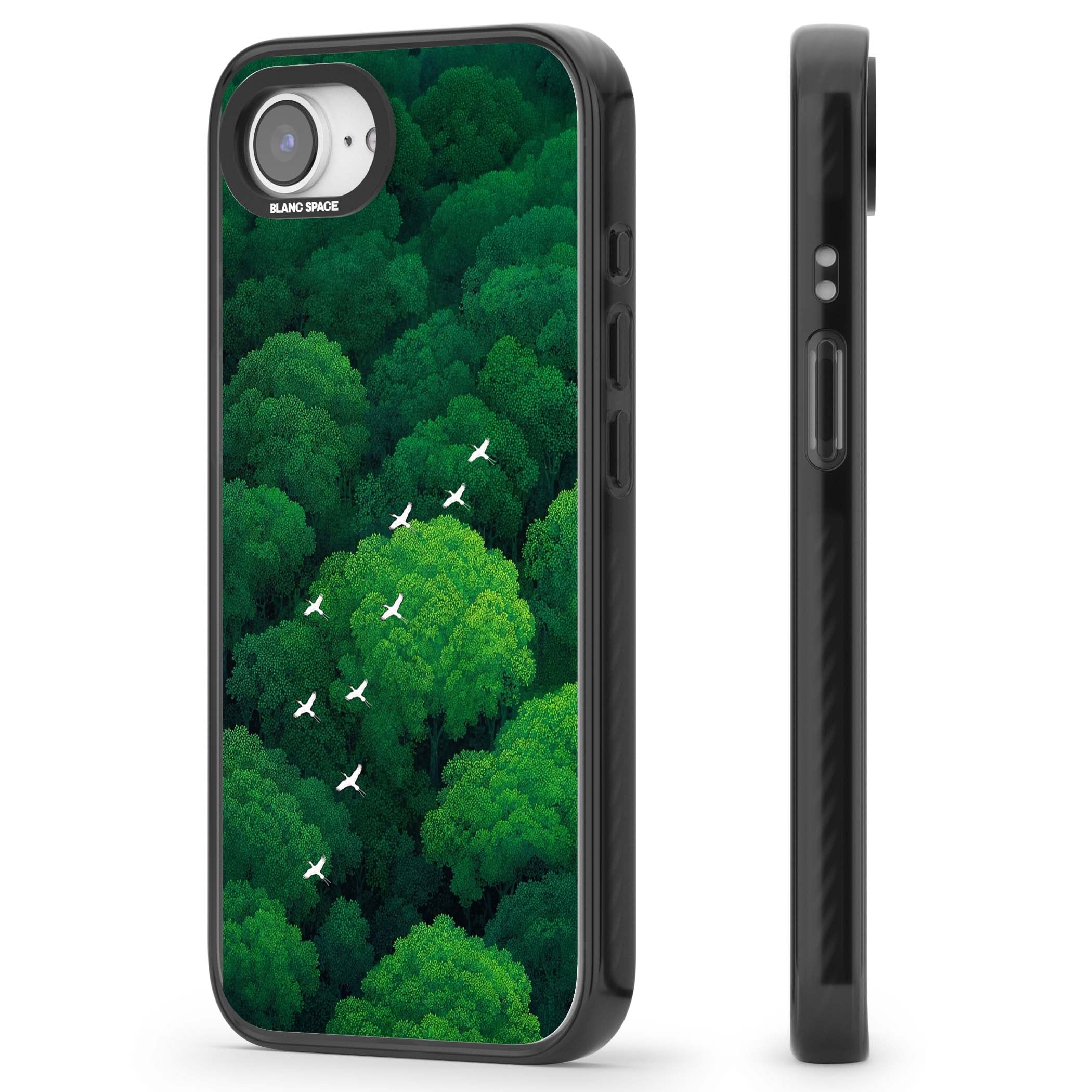 Grove Migration forest iPhone case featuring white cranes flying over lush green treetop canopy | Black Impact case for iPhone 16e, iPhone 17e