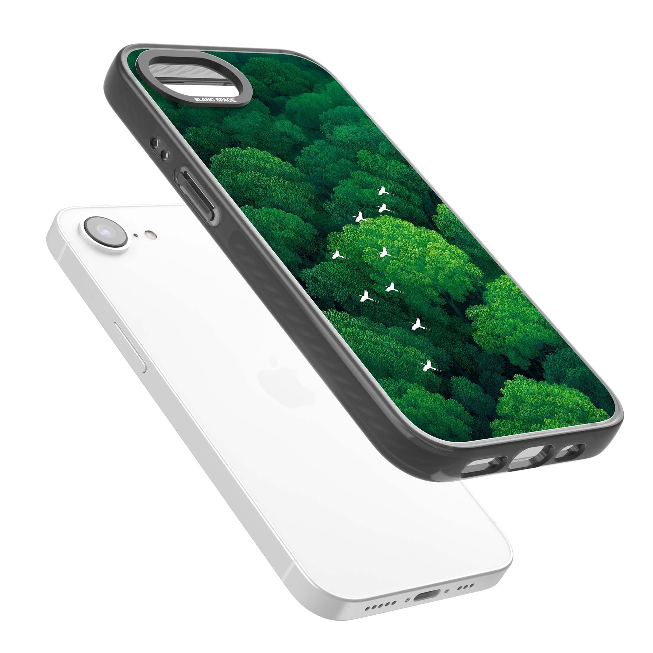 Grove Migration forest iPhone case featuring white cranes flying over lush green treetop canopy | Black Impact case for iPhone 16e, iPhone 17e