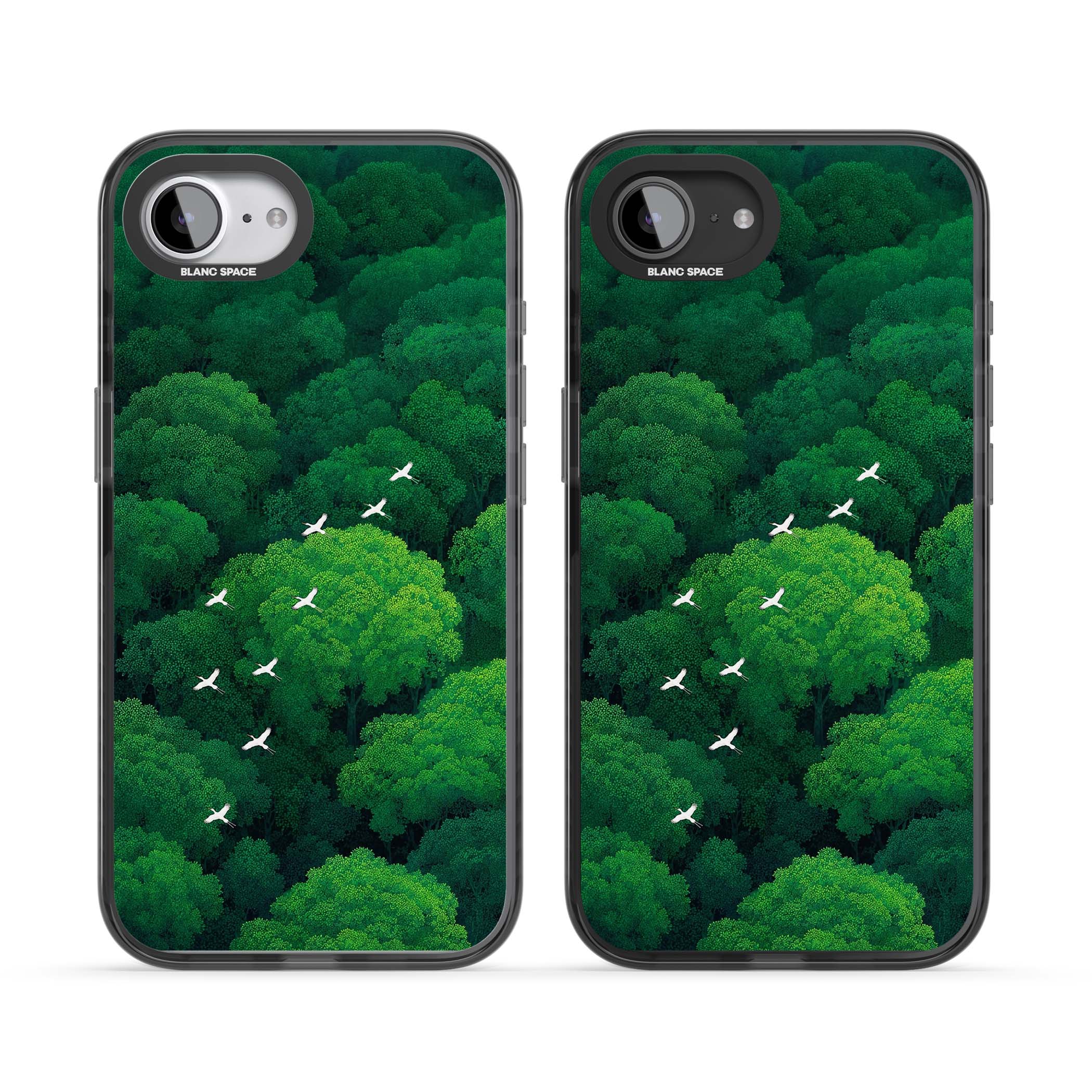 Grove Migration forest iPhone case featuring white cranes flying over lush green treetop canopy | Black Impact case for iPhone 16e, iPhone 17e