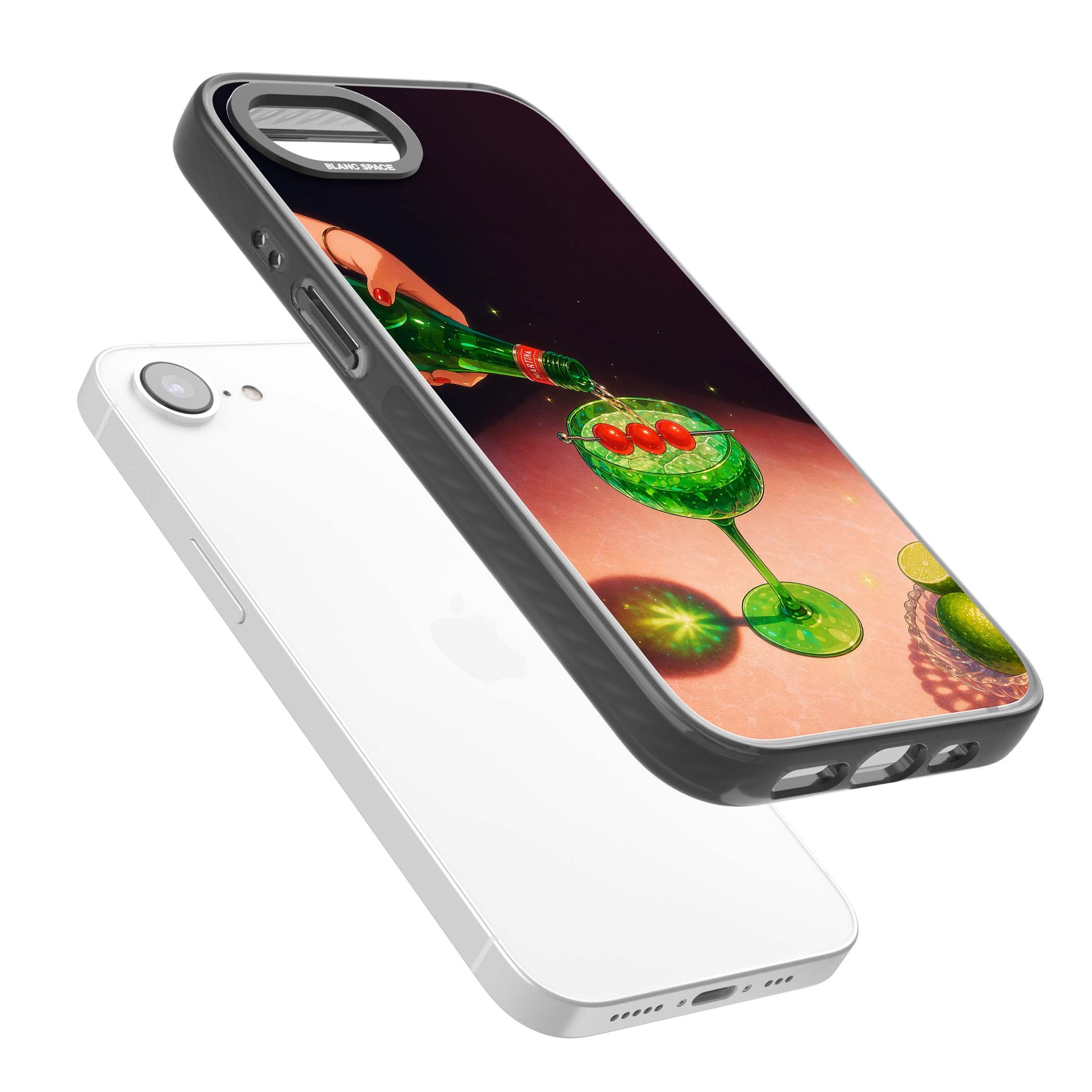 Absinthe Hour cocktail iPhone case featuring a green coupe glass, cherry garnish and vintage bottle pour illustration | Black Impact case for iPhone 16e, iPhone 17e