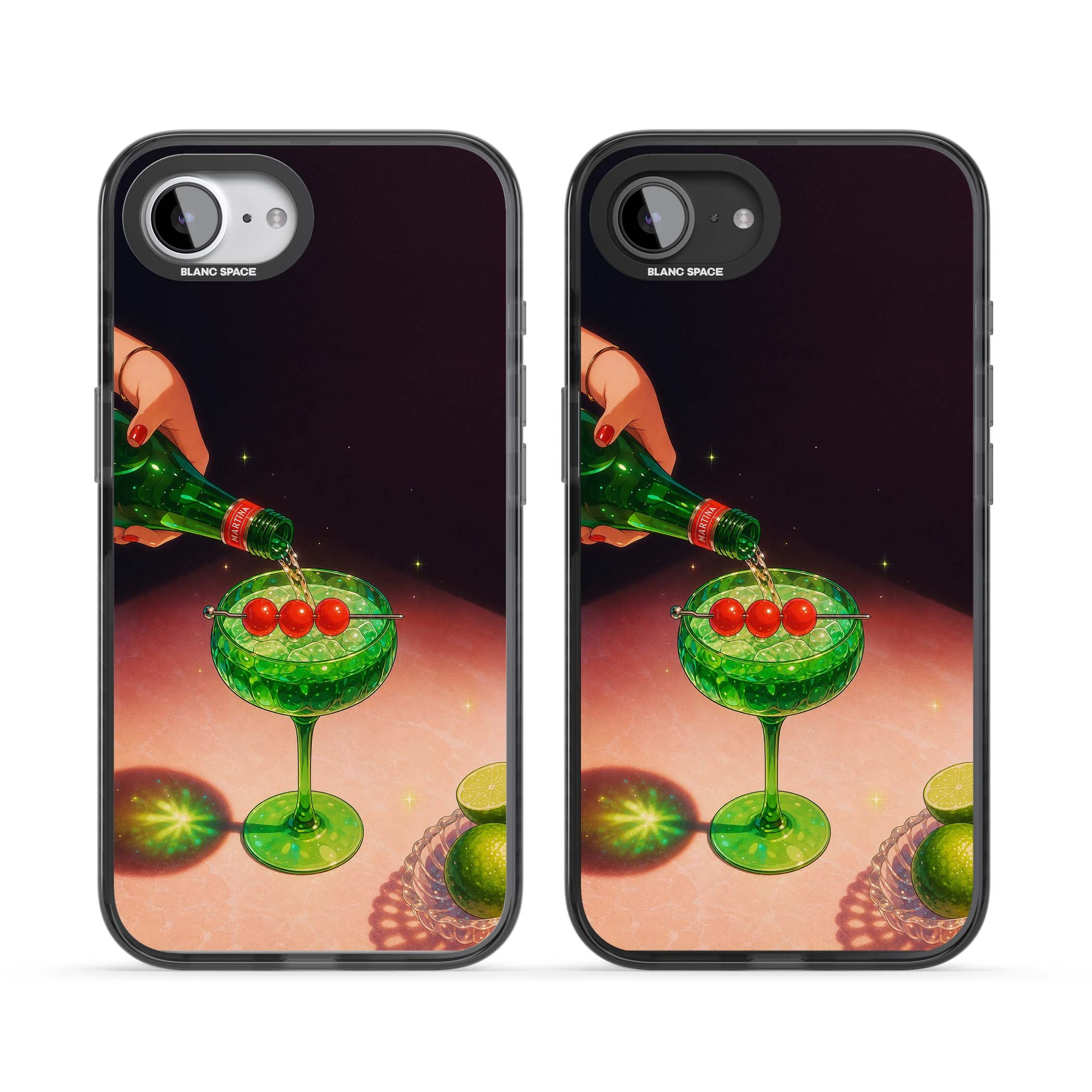 Absinthe Hour cocktail iPhone case featuring a green coupe glass, cherry garnish and vintage bottle pour illustration | Black Impact case for iPhone 16e, iPhone 17e