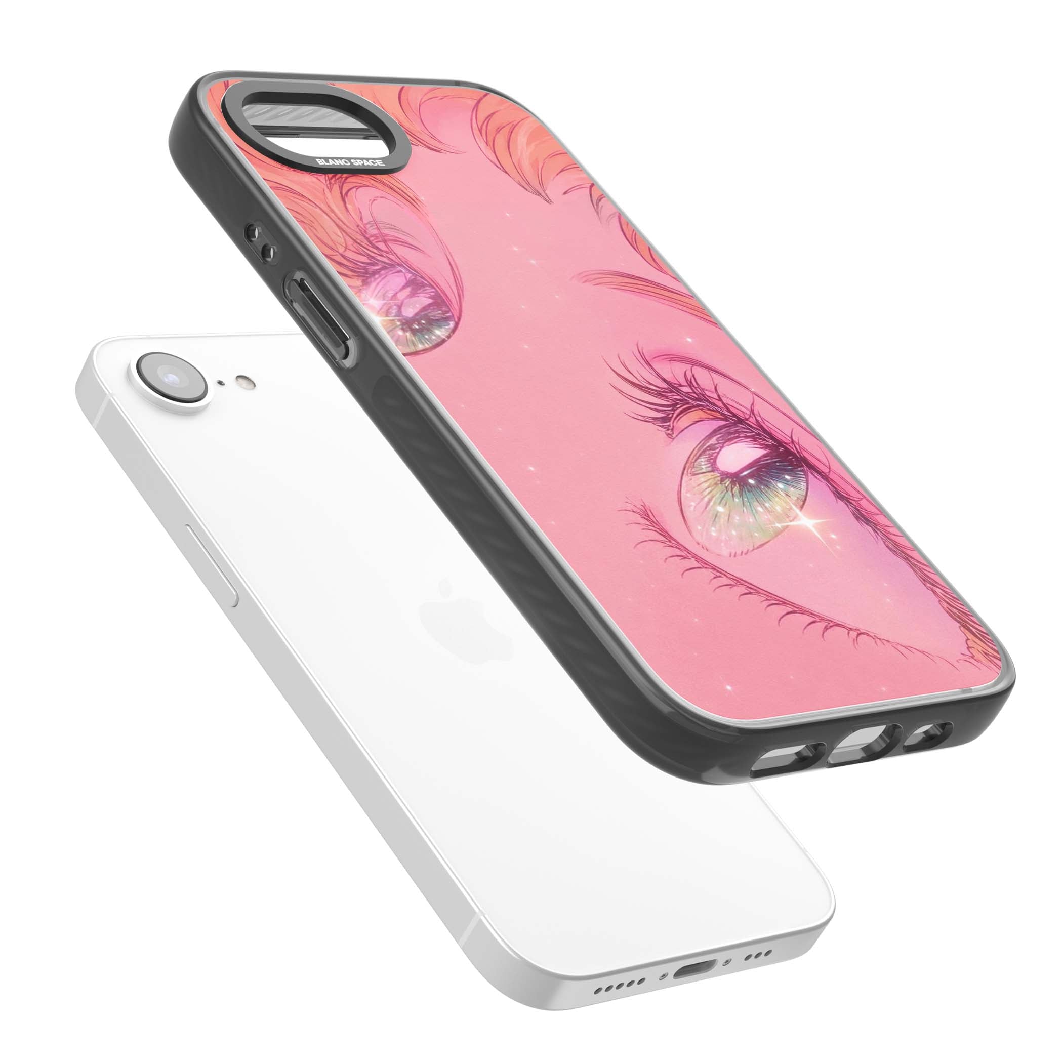 Pink Ethereal Gaze anime iPhone case featuring sparkling manga eyes, coral lashes and dreamy peach sky | Black Impact case for iPhone 16e, iPhone 17e