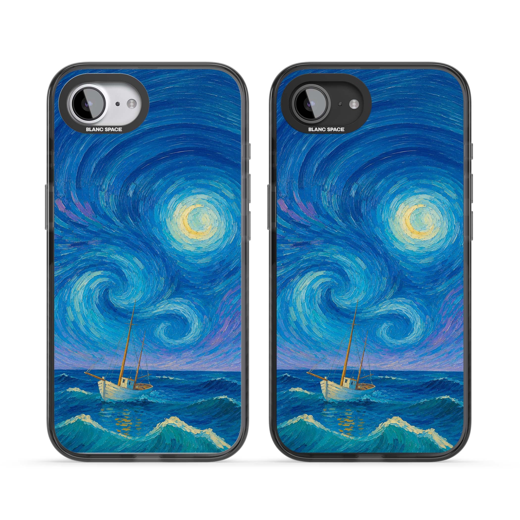 Moonlit Tide Van Gogh art iPhone case featuring swirling starry night sky, glowing moon and lone sailing boat at sea | Black Impact case for iPhone 16e, iPhone 17e