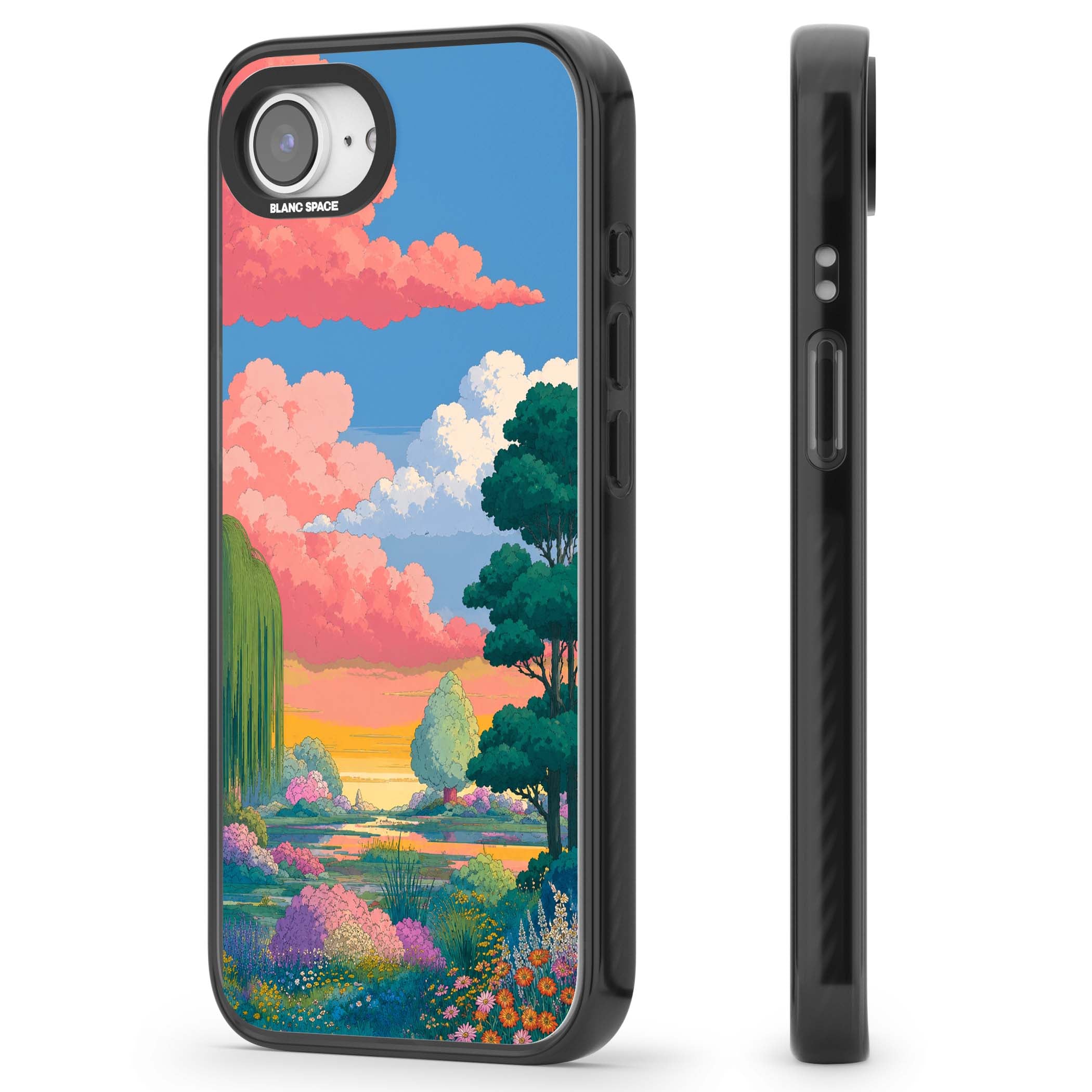 Dream Valley anime landscape iPhone case featuring pink sunset clouds, willow trees and wildflowers | Black Impact case for iPhone 16e, iPhone 17e