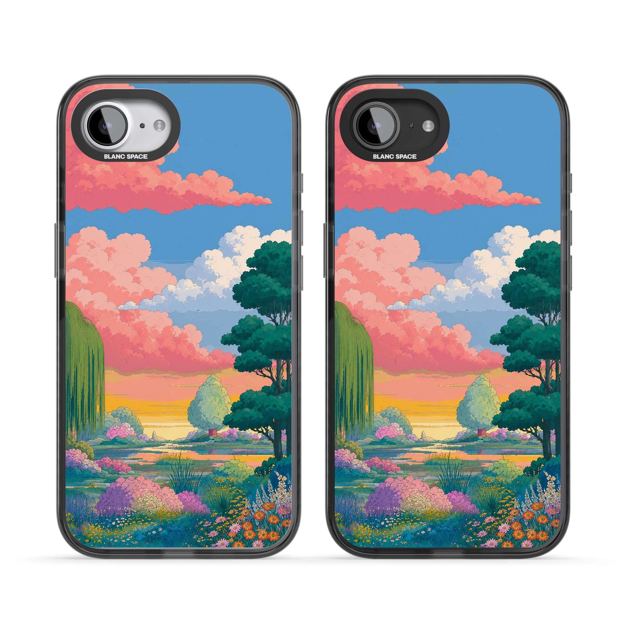 Dream Valley anime landscape iPhone case featuring pink sunset clouds, willow trees and wildflowers | Black Impact case for iPhone 16e, iPhone 17e