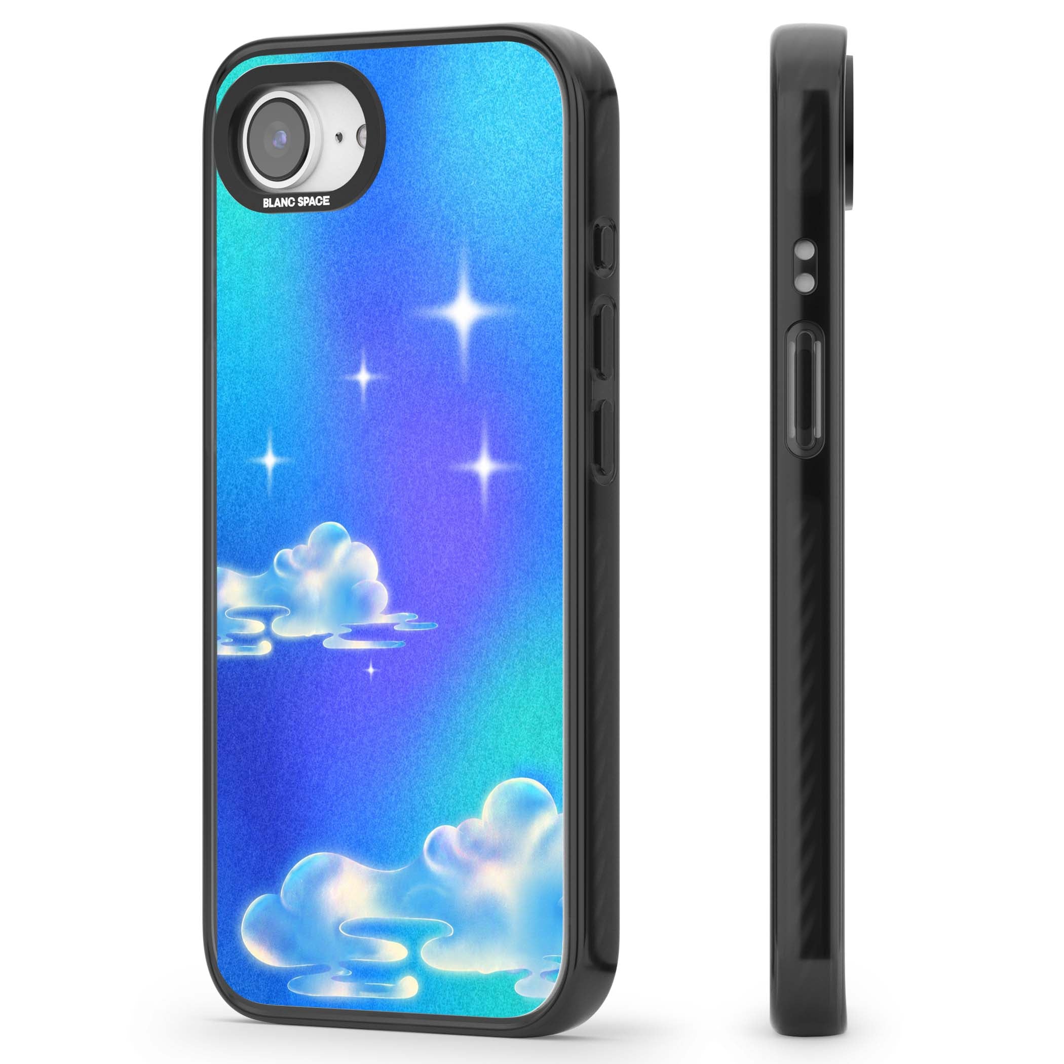 Aurora celestial iPhone case featuring dreamy iridescent clouds, sparkling stars and pastel blue purple sky | Black Impact case for iPhone 16e, iPhone 17e