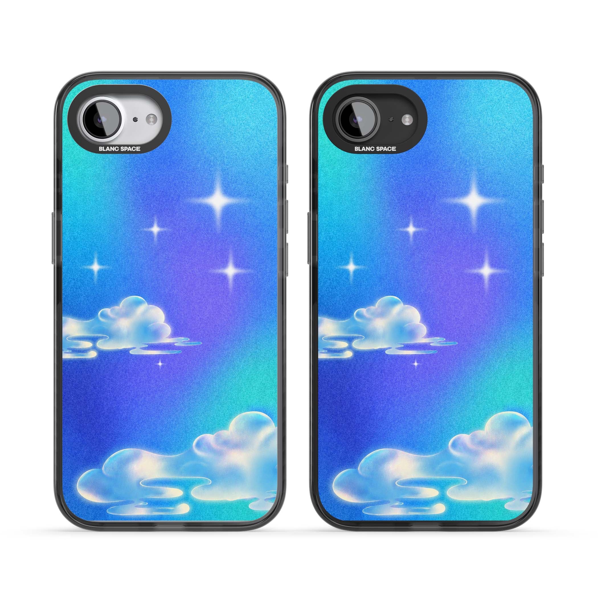 Aurora celestial iPhone case featuring dreamy iridescent clouds, sparkling stars and pastel blue purple sky | Black Impact case for iPhone 16e, iPhone 17e