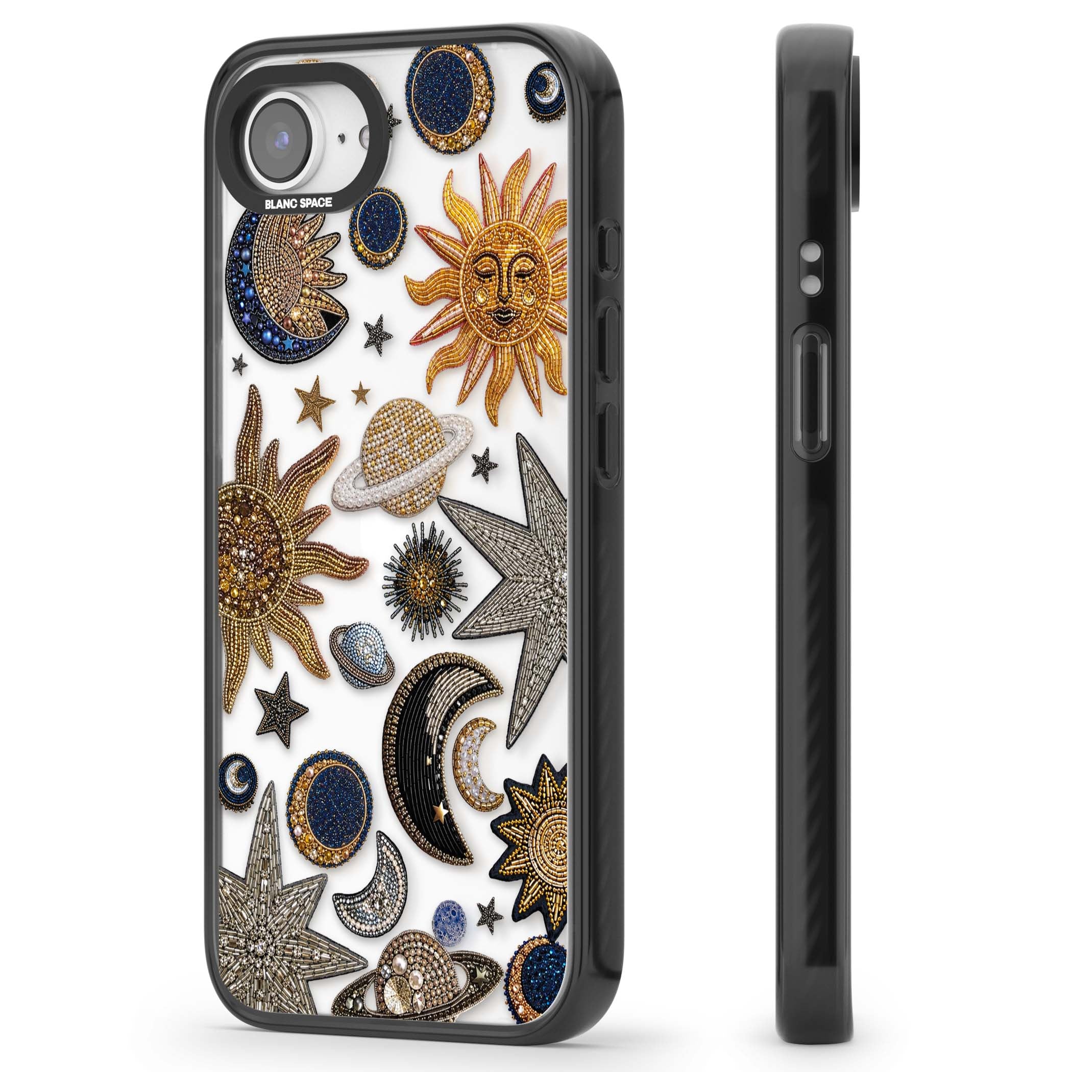 Beaded Cosmos celestial iPhone case featuring embroidered golden suns, beaded planets and silver shooting stars | Black Impact case for iPhone 16e, iPhone 17e