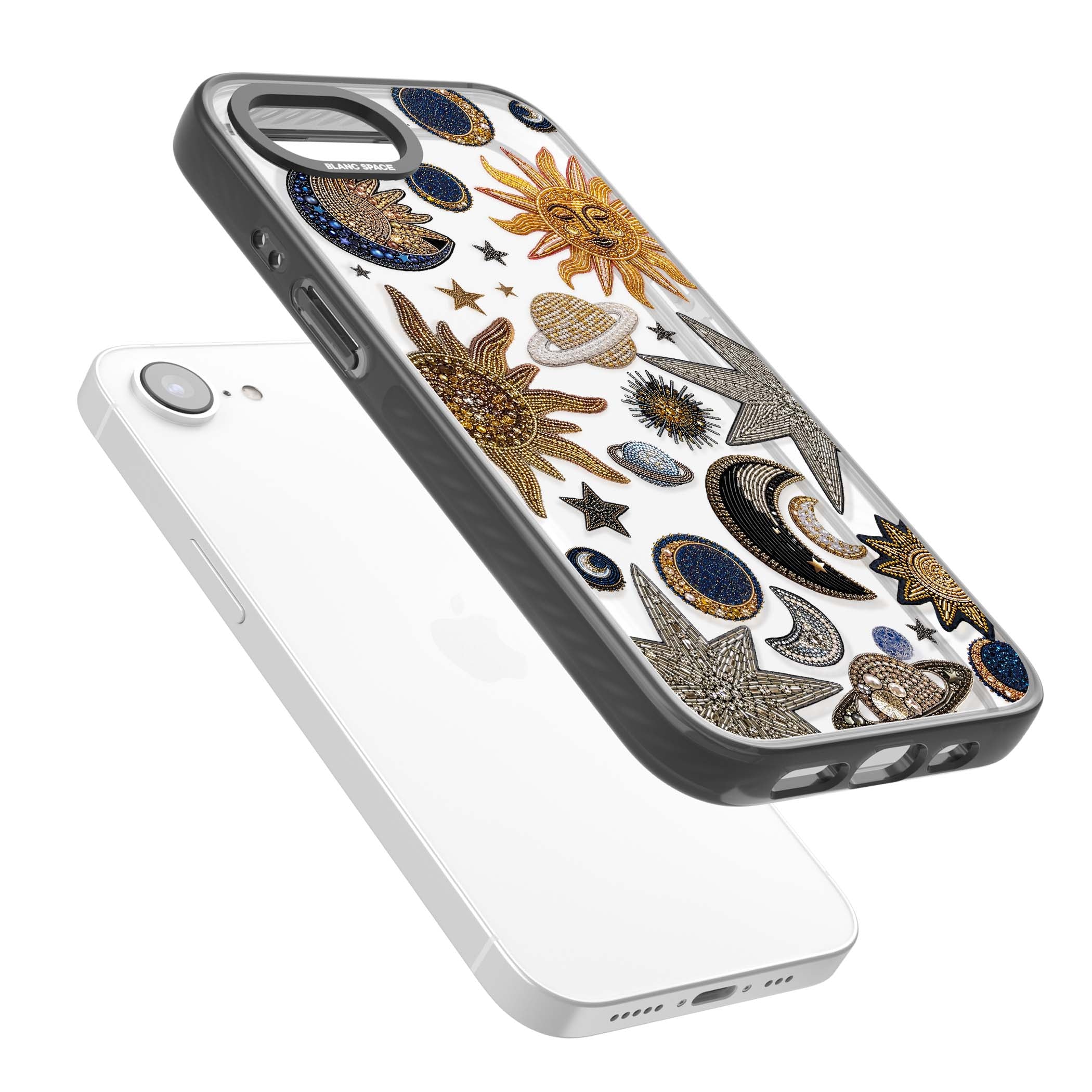 Beaded Cosmos celestial iPhone case featuring embroidered golden suns, beaded planets and silver shooting stars | Black Impact case for iPhone 16e, iPhone 17e