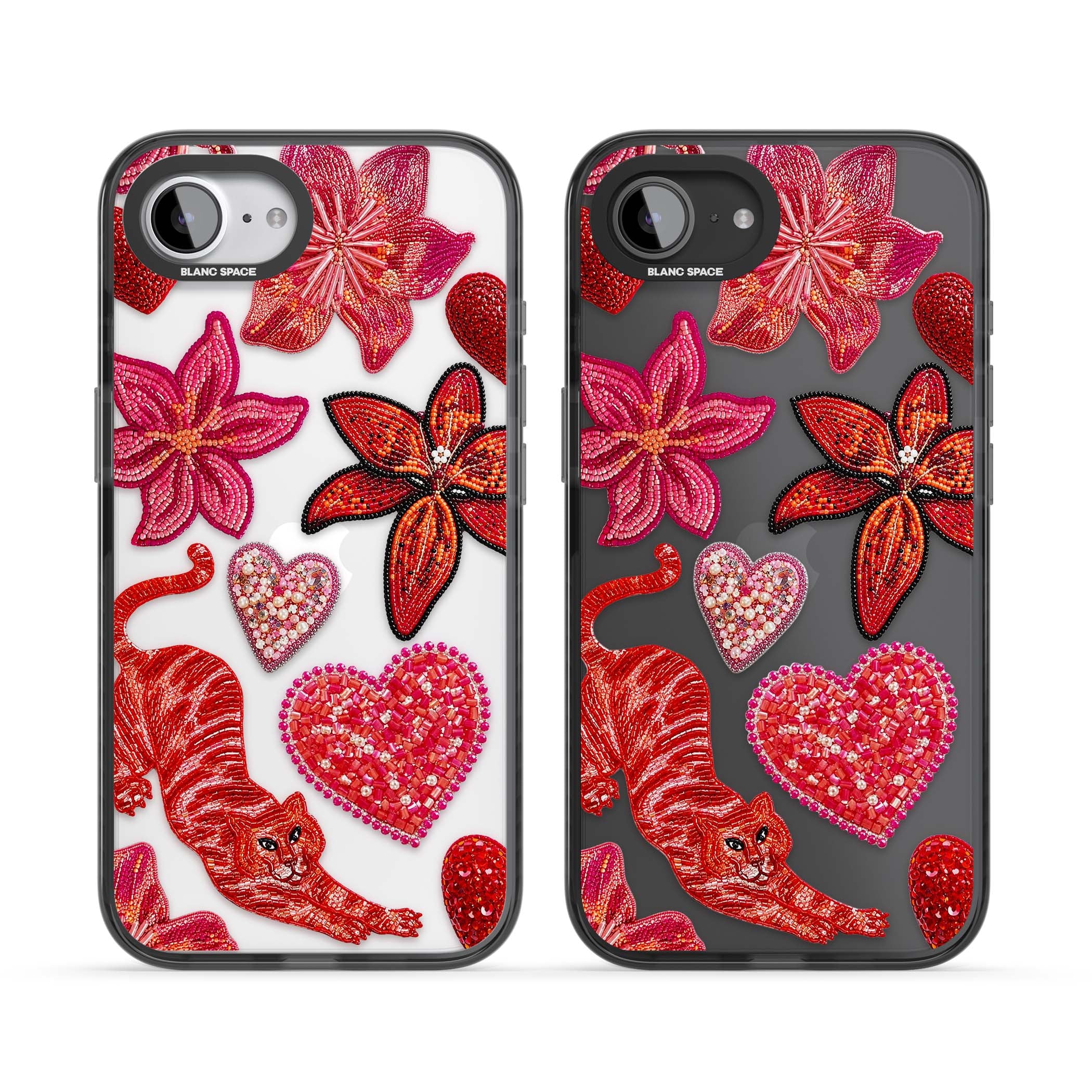 Beaded Boho floral iPhone case featuring beaded red lilies, a stitched tiger, and pearl-encrusted hearts on clear | Black Impact case for iPhone 16e, iPhone 17e