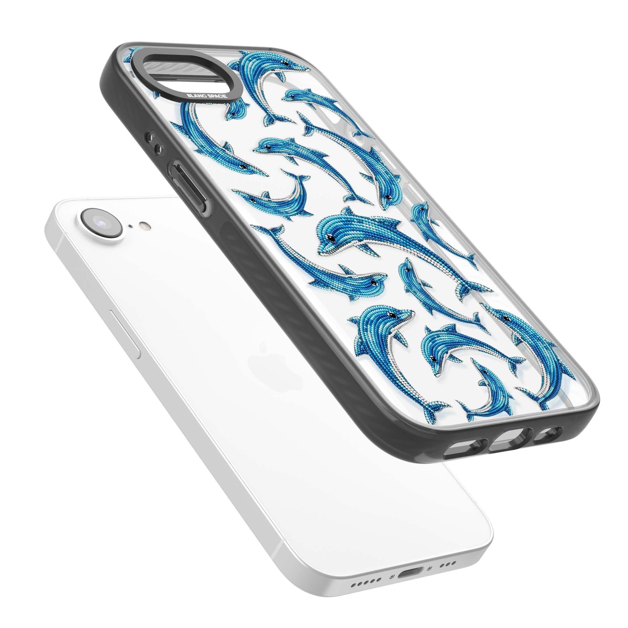 Beaded Dolphins coastal iPhone case featuring beaded dolphins in blue and white swimming across a clear background | Black Impact case for iPhone 16e, iPhone 17e