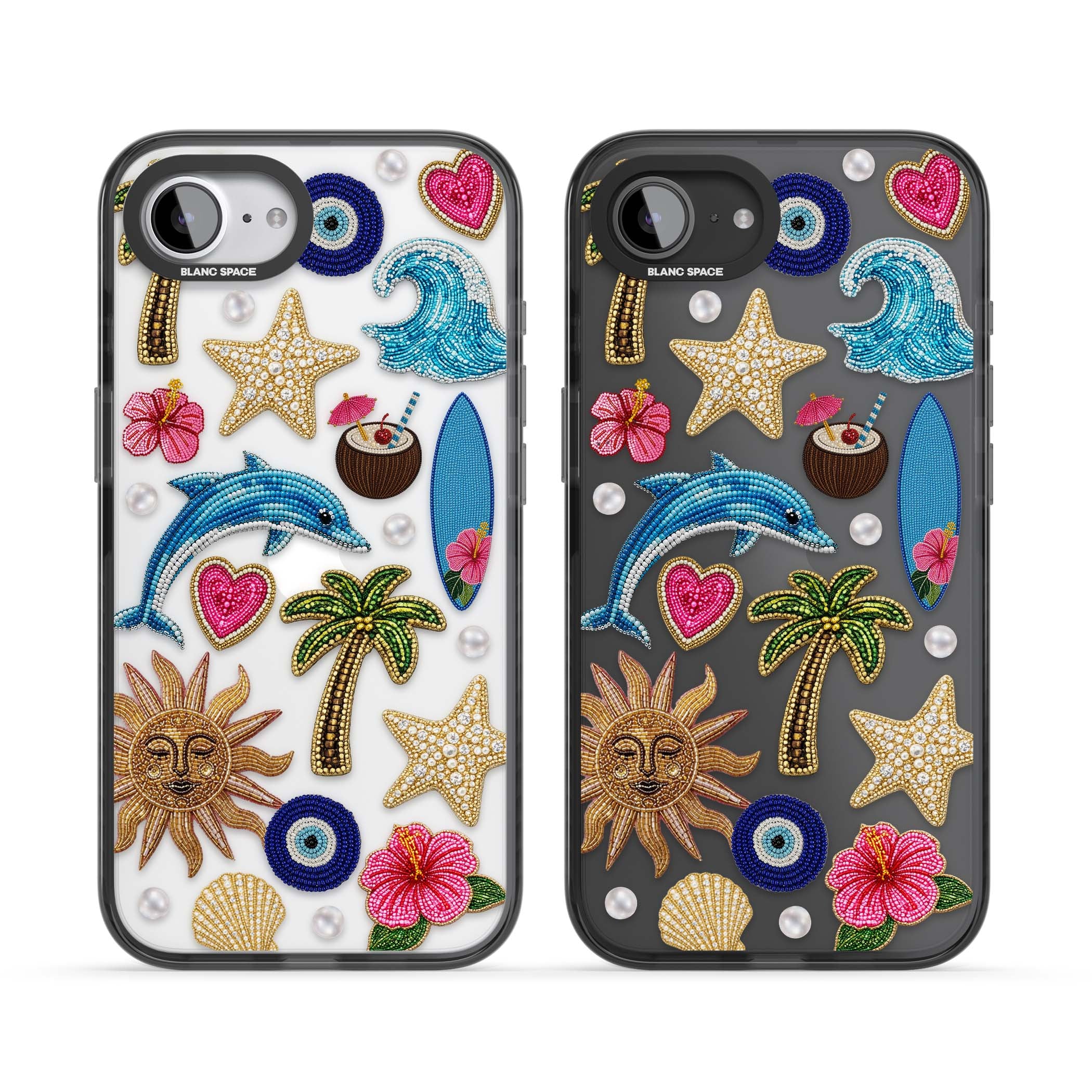 Beaded Beach coastal summer iPhone case featuring embroidered evil eye, hibiscus flowers, dolphin and palm tree patches | Black Impact case for iPhone 16e, iPhone 17e