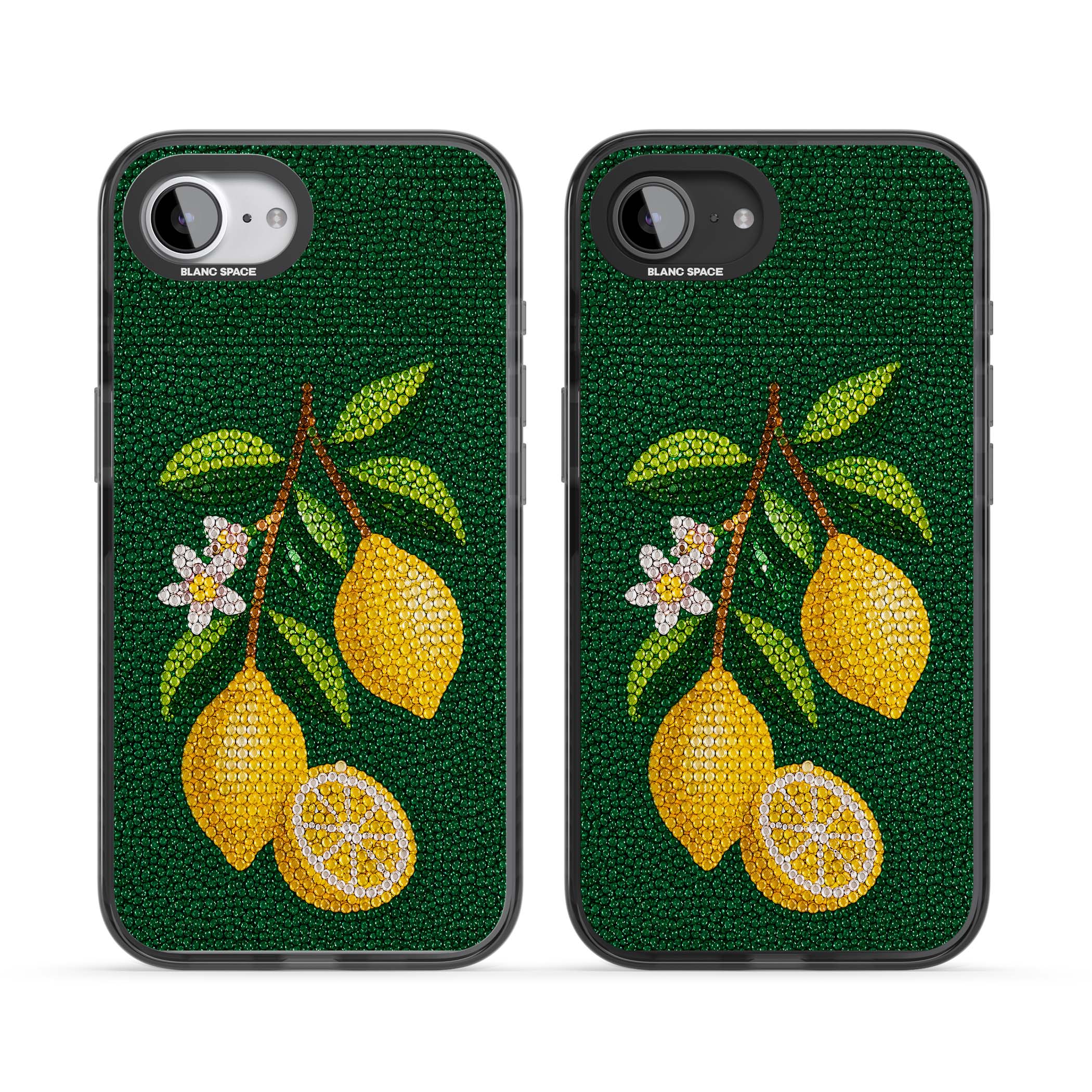 Beaded Lemons coastal iPhone case featuring crystal-beaded lemons, citrus blossom and green leaves on emerald ground | Black Impact case for iPhone 16e, iPhone 17e