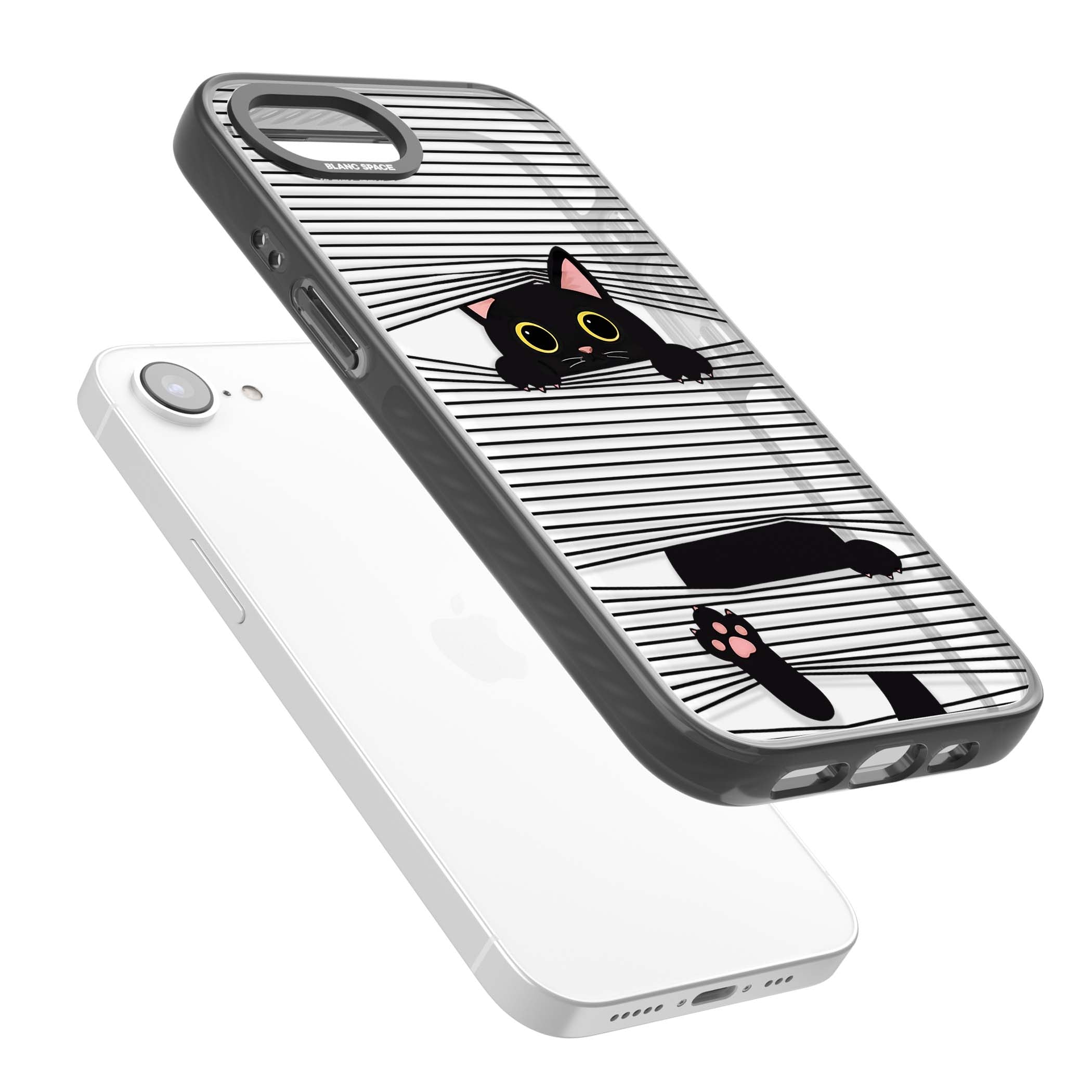 Peek-a-Boo Cat minimal iPhone case featuring black cat peeking through horizontal black and white stripes | Black Impact case for iPhone 16e, iPhone 17e