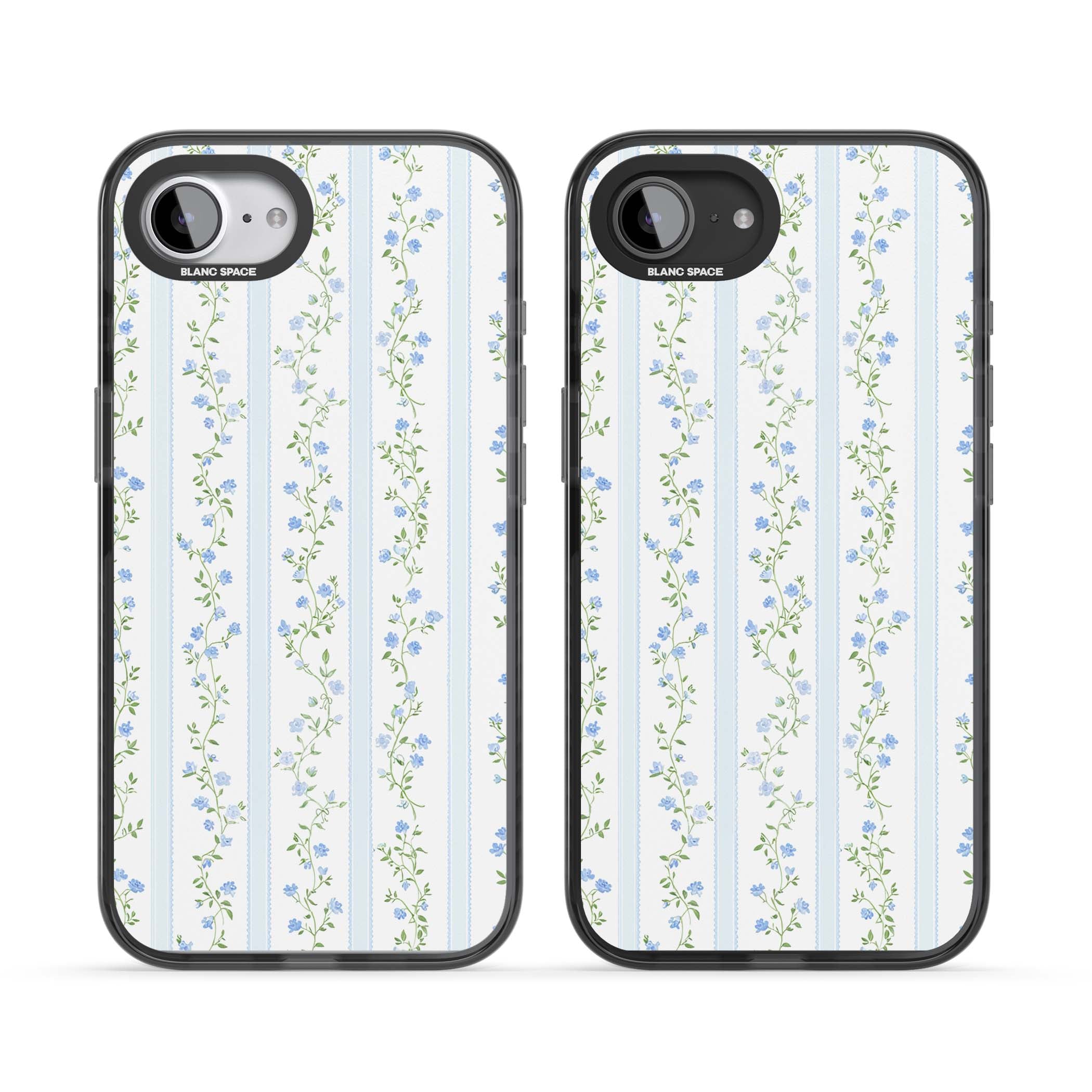 Bluebell Vine cottagecore iPhone case featuring climbing blue roses, trailing green vines, and pale ticking stripes | Black Impact case for iPhone 16e, iPhone 17e