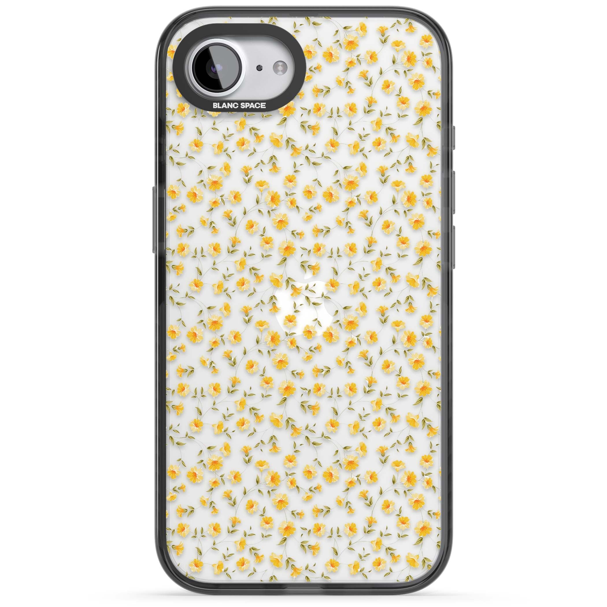 Buttercup wildflower iPhone case featuring tiny yellow flowers and trailing green vines on clear | Black Impact case for iPhone 16e, iPhone 17e
