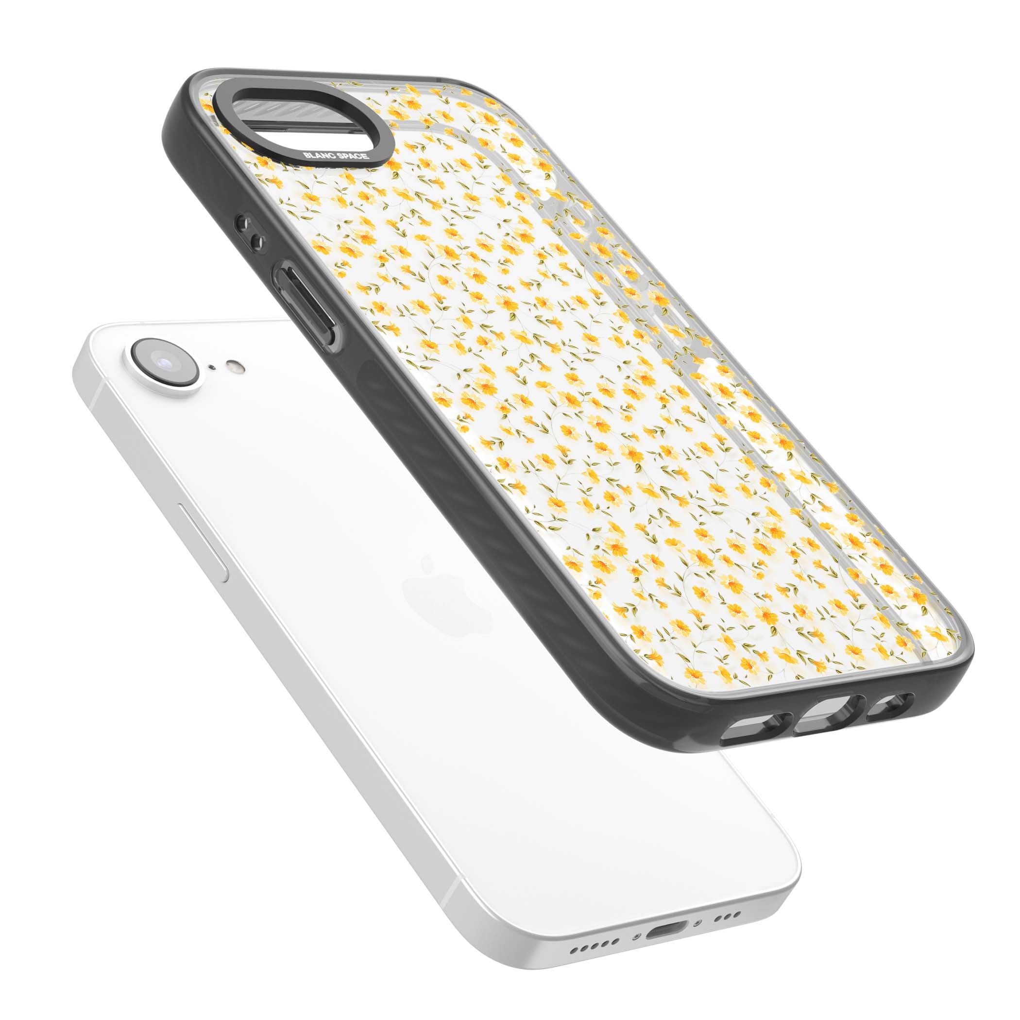 Buttercup wildflower iPhone case featuring tiny yellow flowers and trailing green vines on clear | Black Impact case for iPhone 16e, iPhone 17e