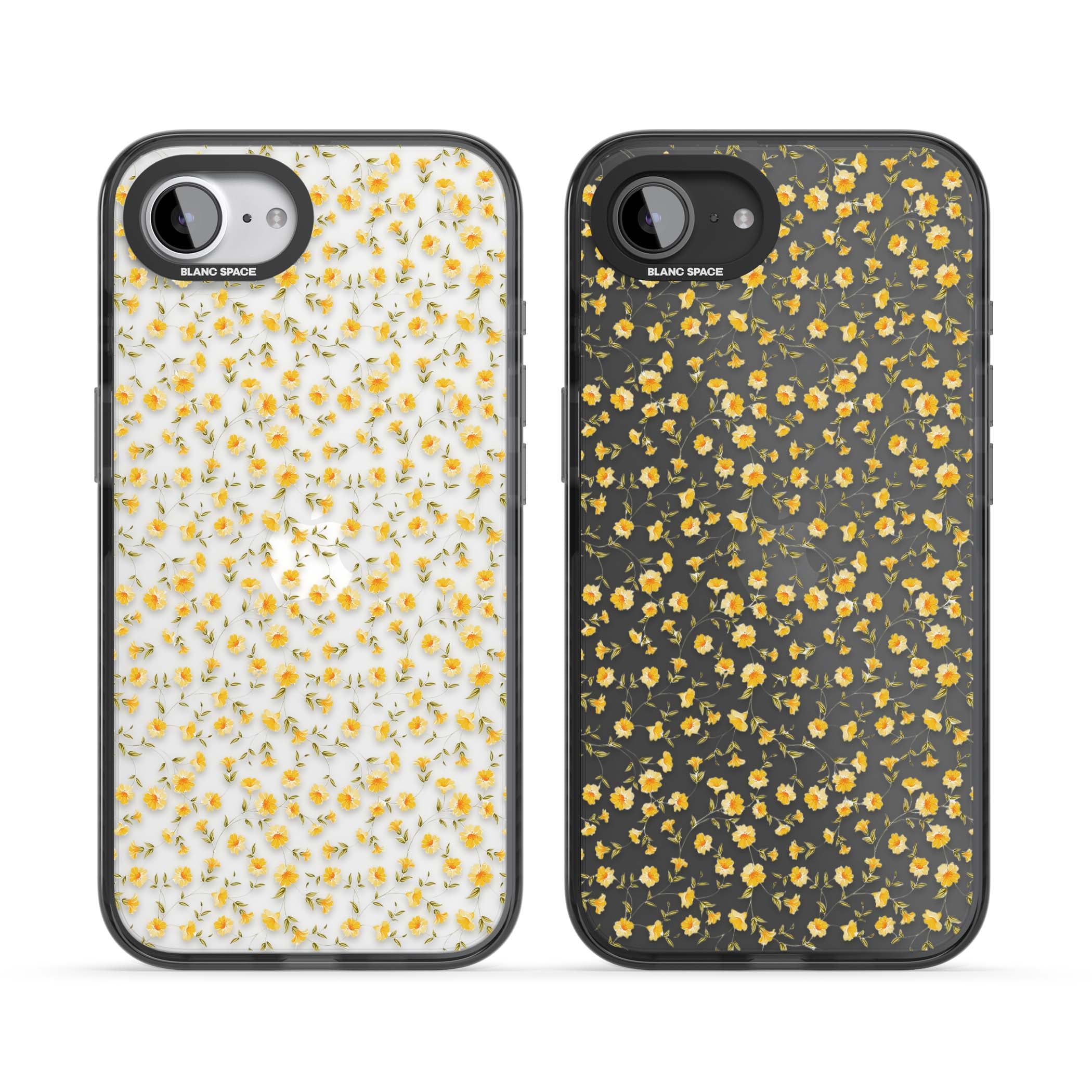 Buttercup wildflower iPhone case featuring tiny yellow flowers and trailing green vines on clear | Black Impact case for iPhone 16e, iPhone 17e