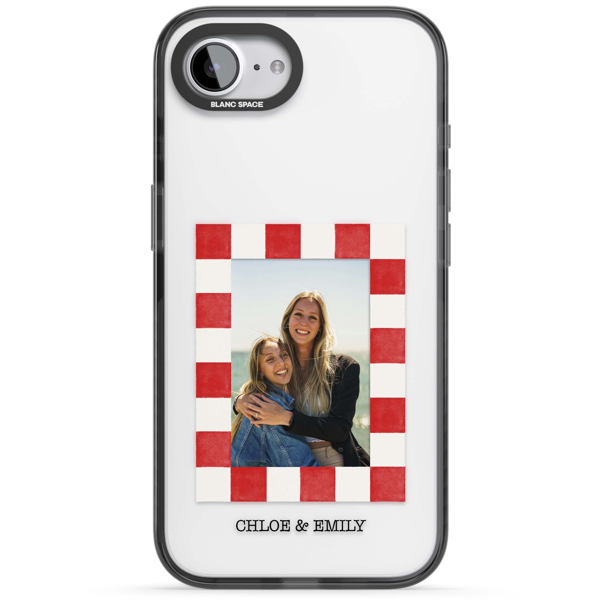 Red Check Photo personalised photo iPhone case with red and white checkered polaroid frame and custom couple name | Black Impact case for iPhone 16e, iPhone 17e