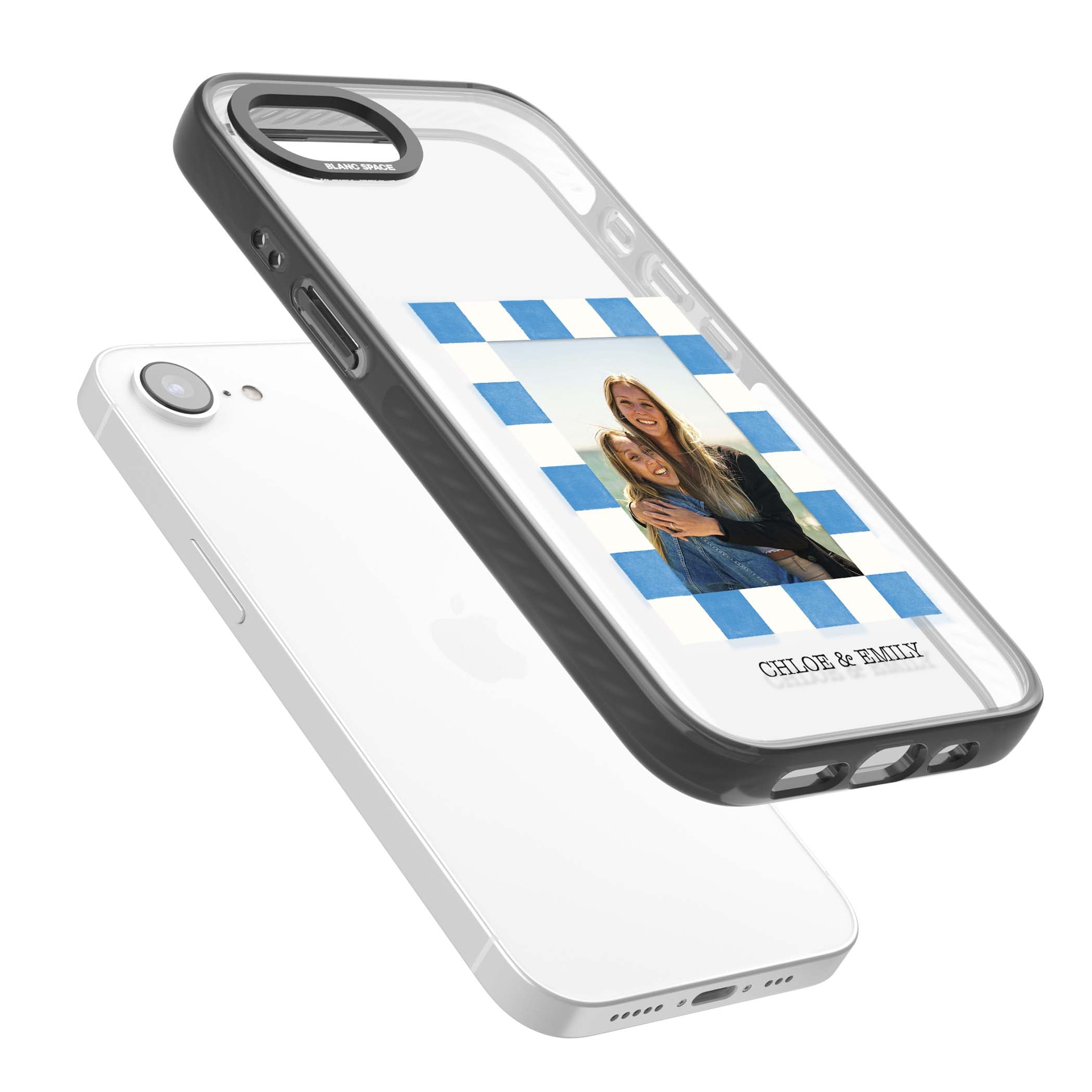 Blue Check Photo personalised photo iPhone case with blue checkered frame and custom couple names | Black Impact case for iPhone 16e, iPhone 17e