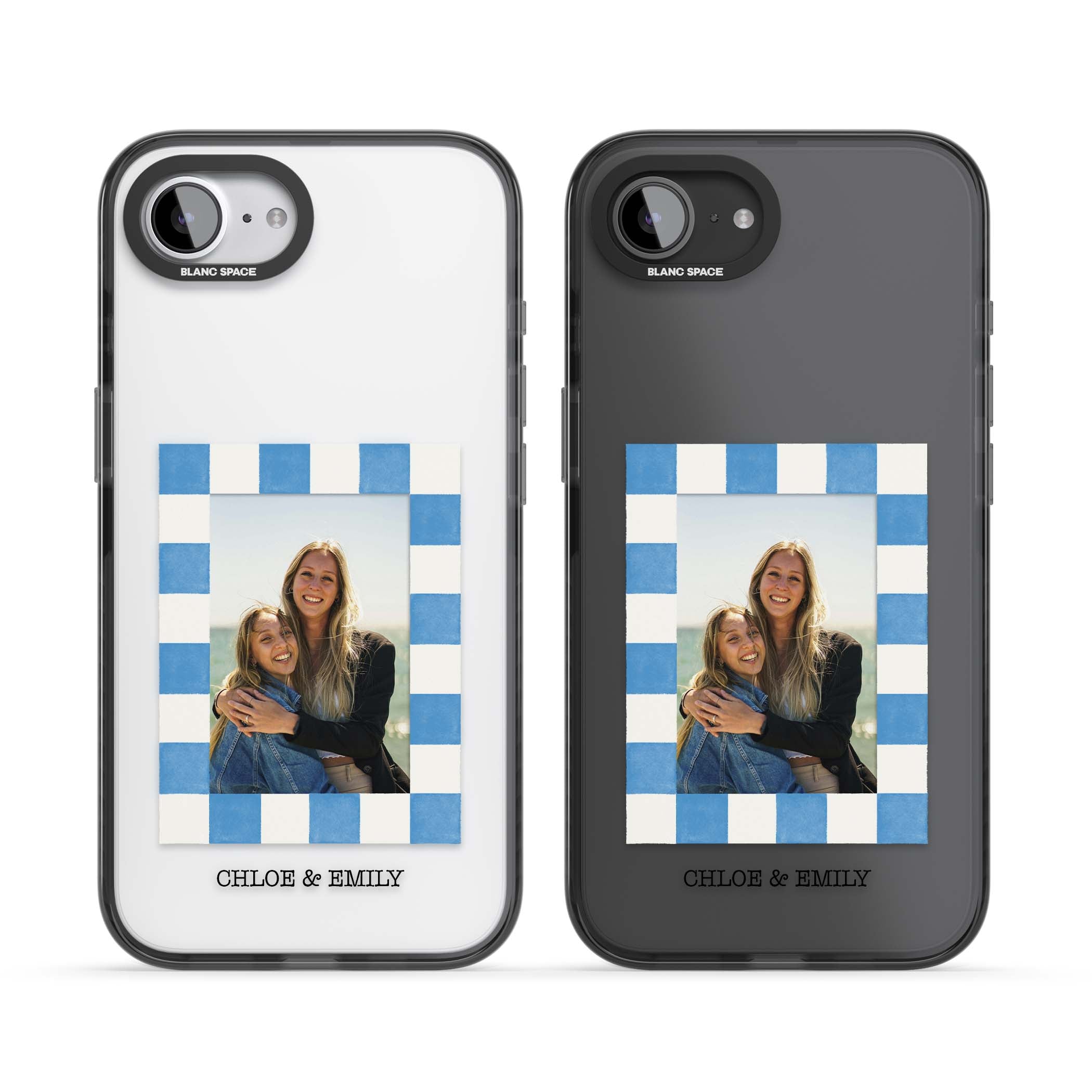 Blue Check Photo personalised photo iPhone case with blue checkered frame and custom couple names | Black Impact case for iPhone 16e, iPhone 17e