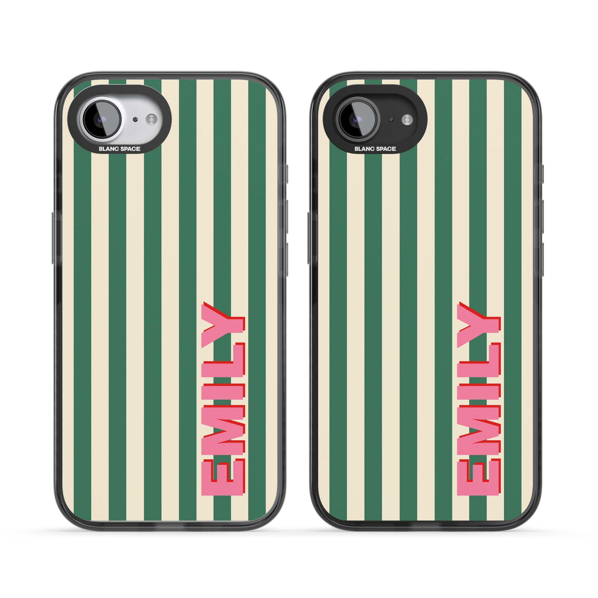 Wimbledon Stripe preppy iPhone case featuring green and cream vertical stripes with a personalised pink name | Black Impact case for iPhone 16e, iPhone 17e