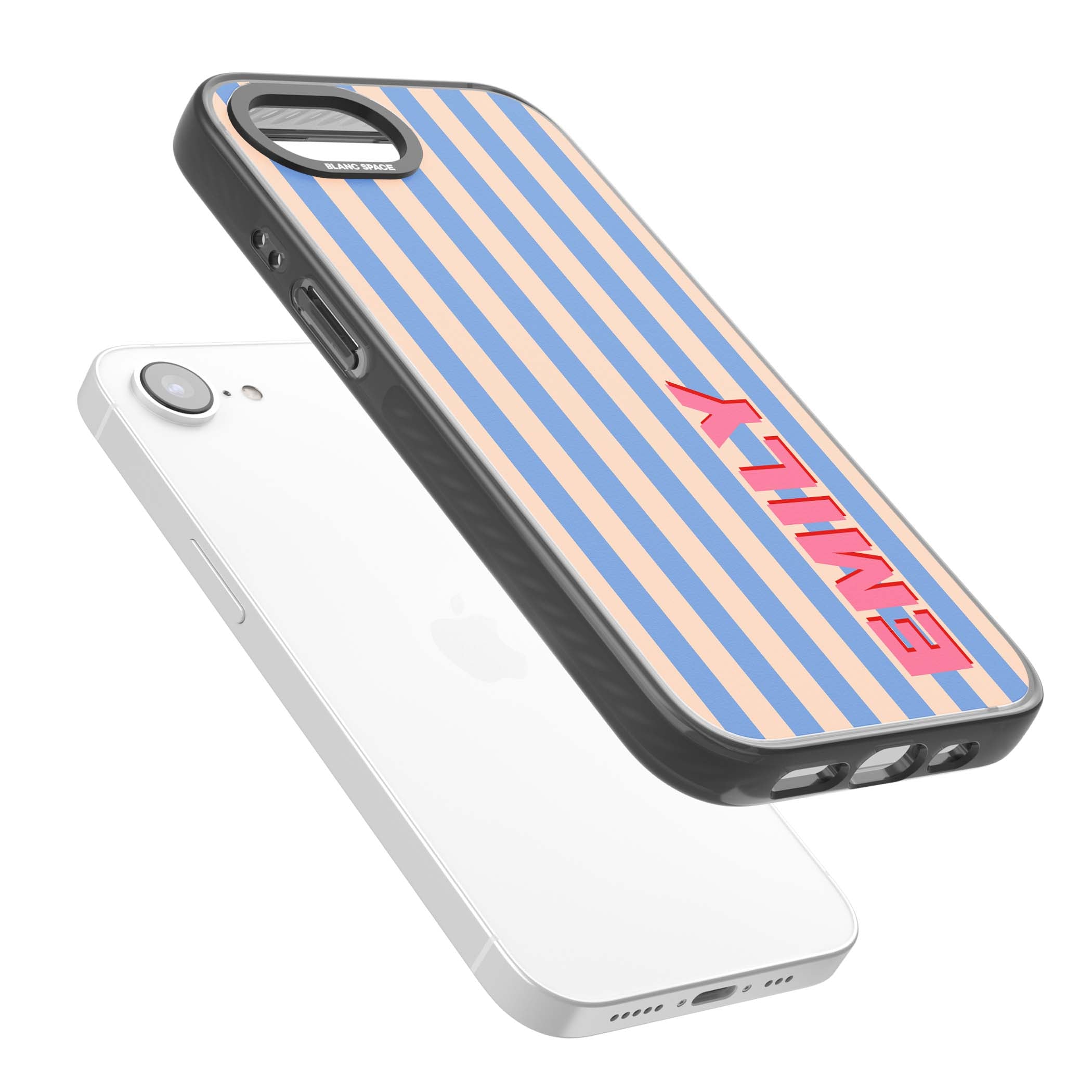 Coastal Stripe personalised coastal iPhone case with blue and peach vertical stripes and custom pink name | Black Impact case for iPhone 16e, iPhone 17e
