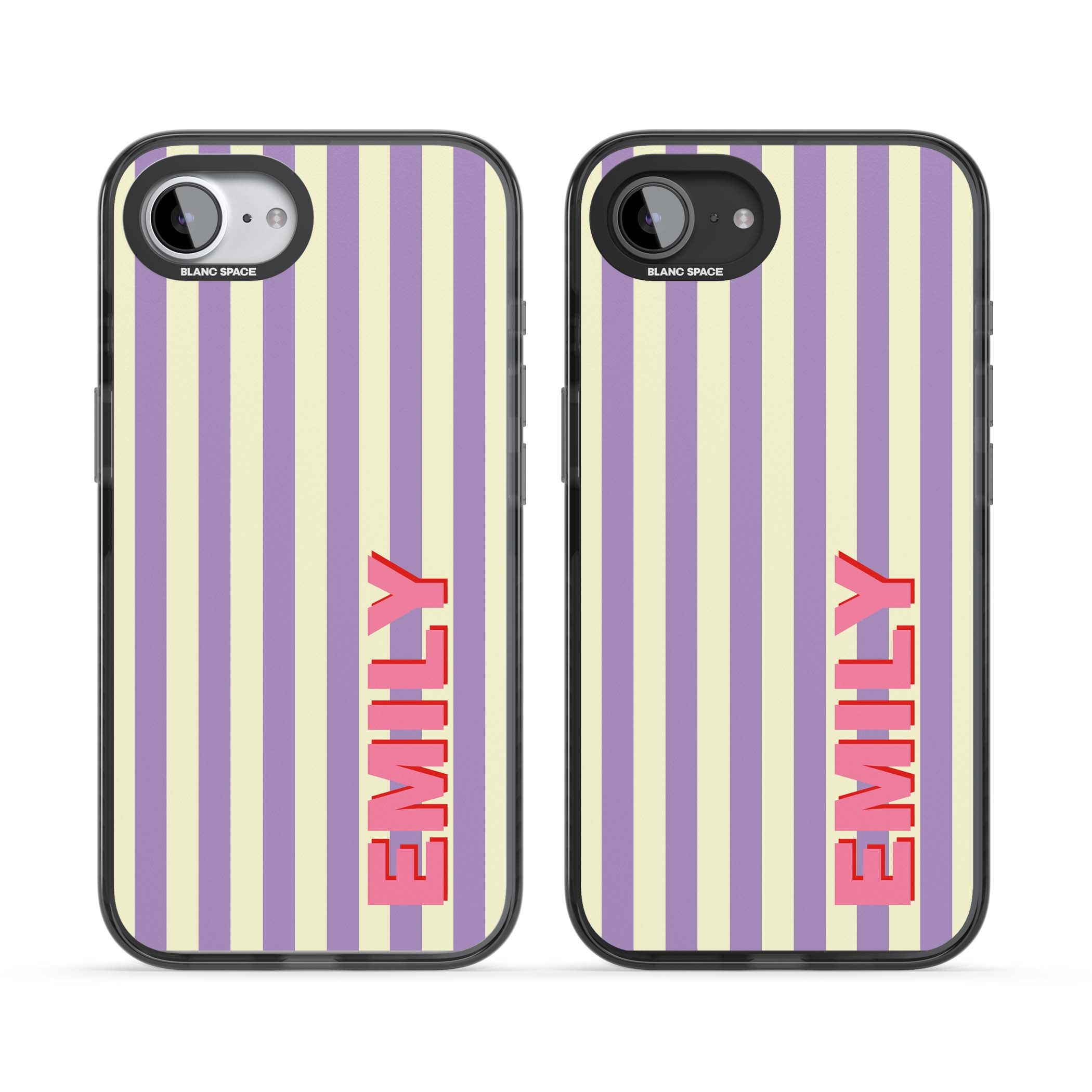Valensole Stripe personalised iPhone case with purple and cream vertical stripes and pink custom name | Black Impact case for iPhone 16e, iPhone 17e