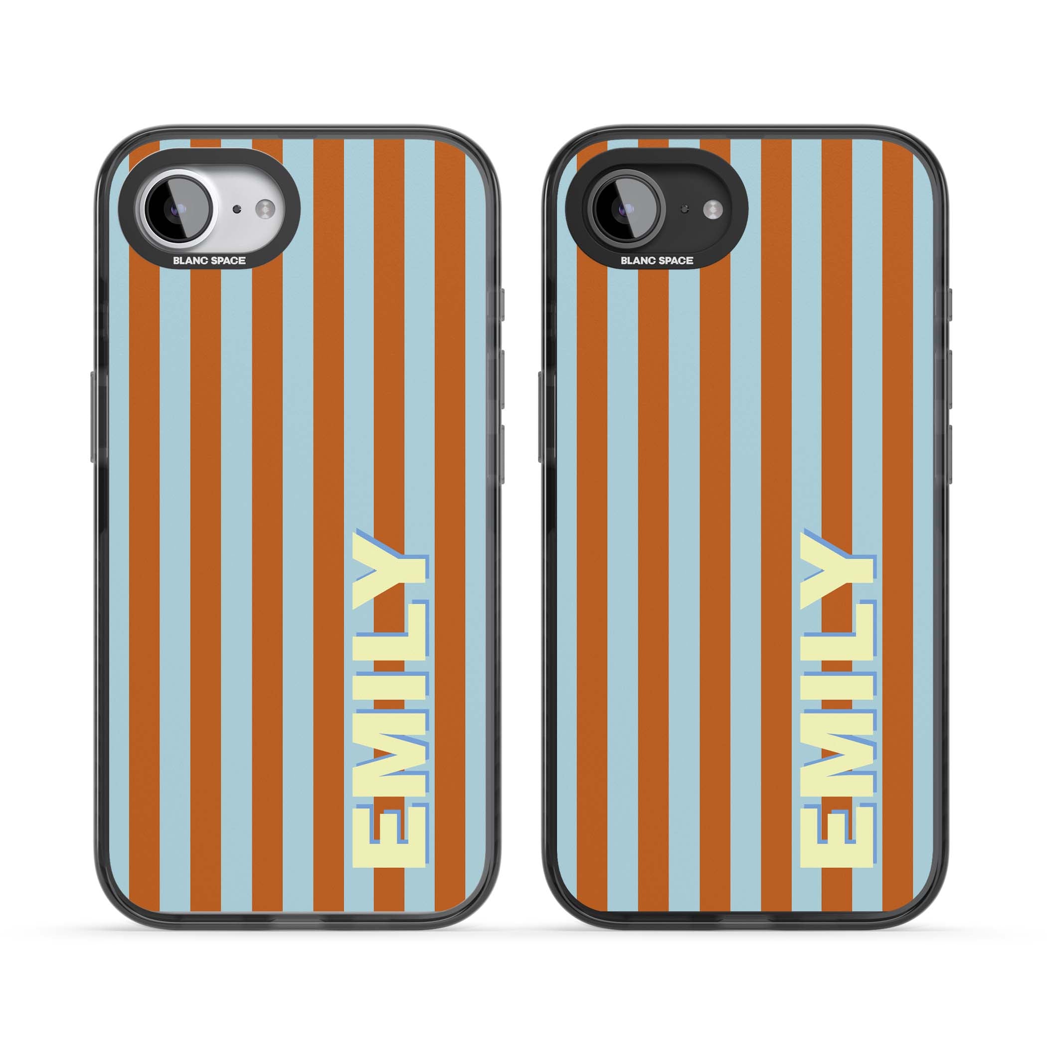 Cappadocia Stripe personalised coastal iPhone case featuring blue and orange vertical stripes with custom cream name | Black Impact case for iPhone 16e, iPhone 17e