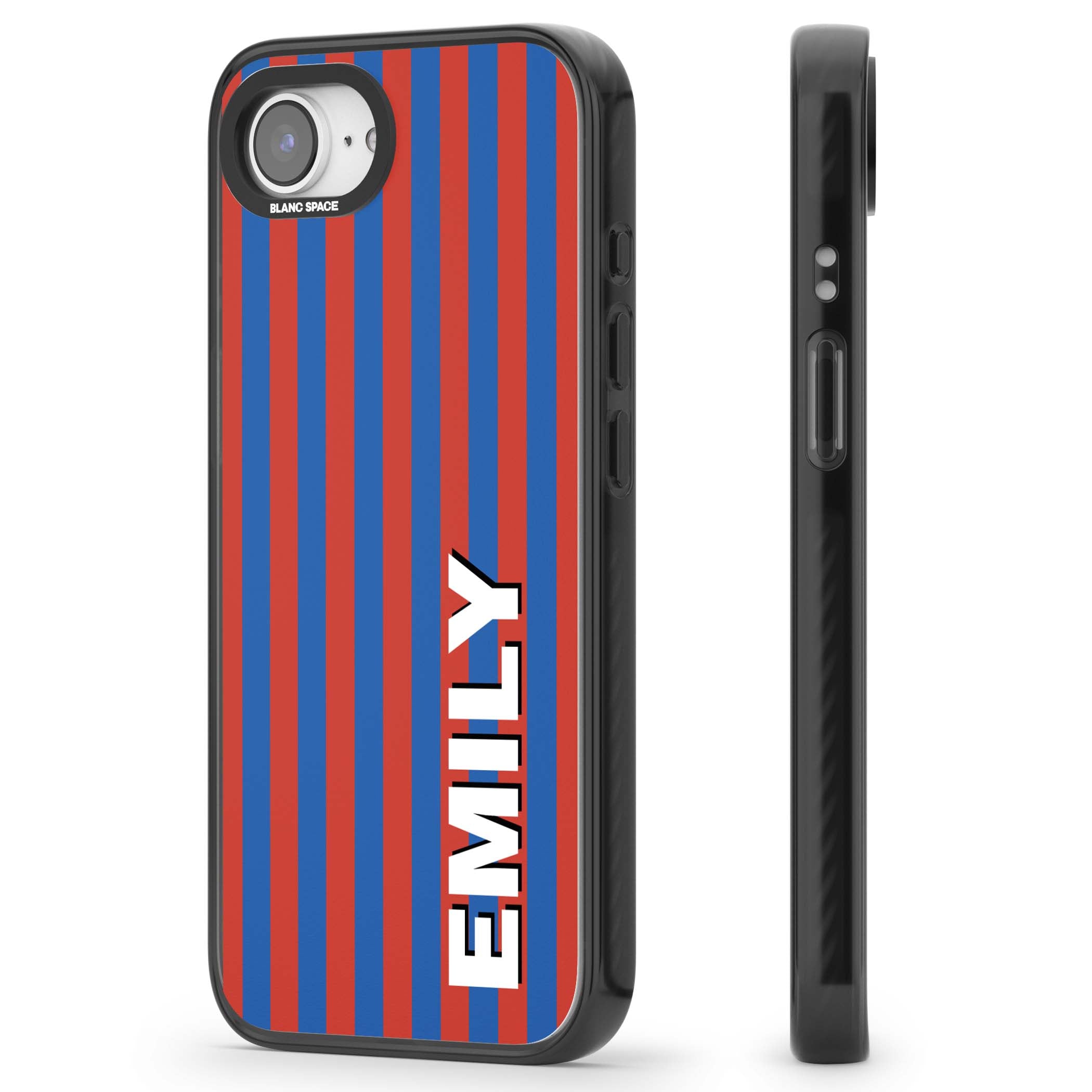 Cuban Stripe personalised iPhone case featuring red and blue vertical stripes with custom name in bold white letters | Black Impact case for iPhone 16e, iPhone 17e