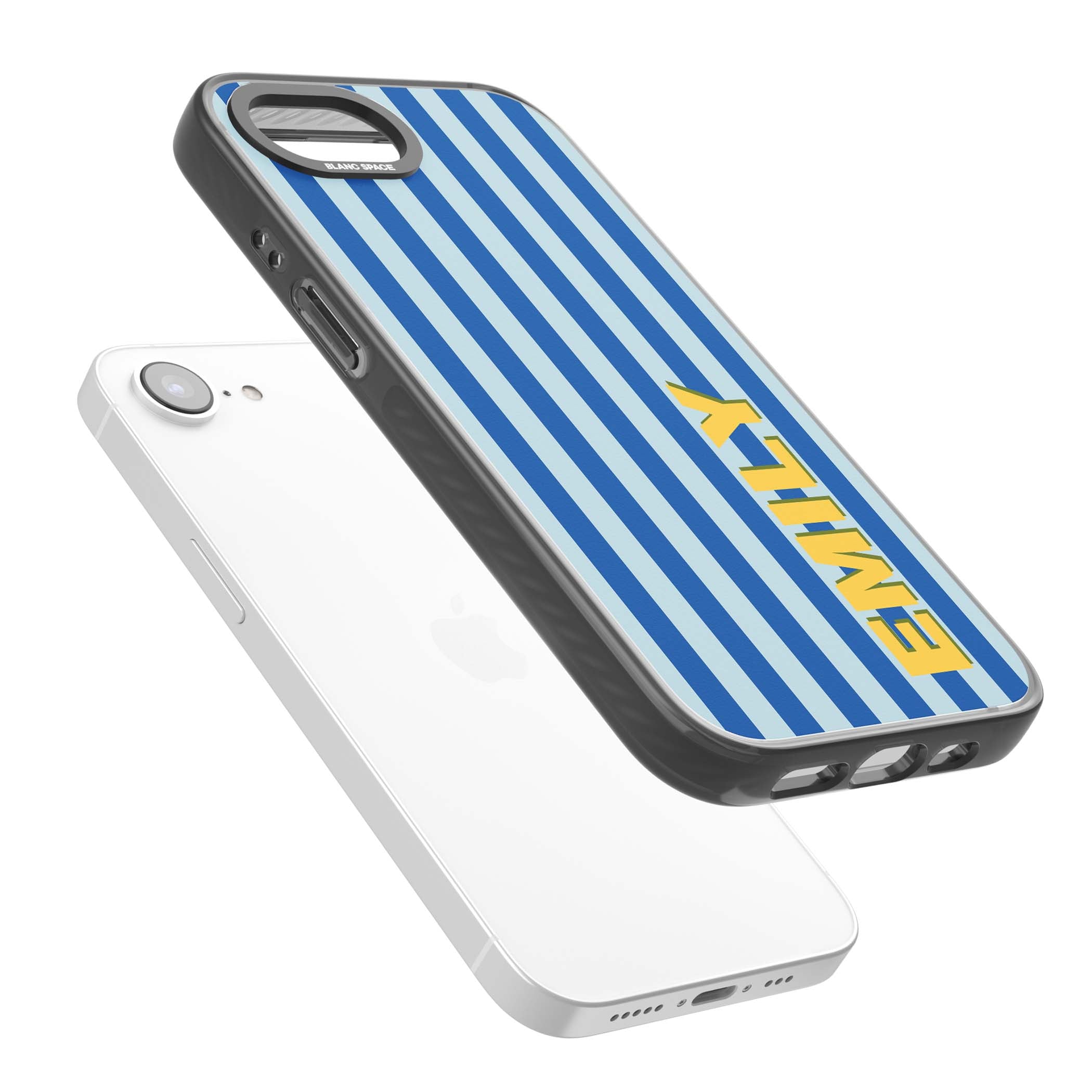 Athenian Stripe personalised preppy iPhone case featuring blue vertical stripes and a custom yellow name | Black Impact case for iPhone 16e, iPhone 17e