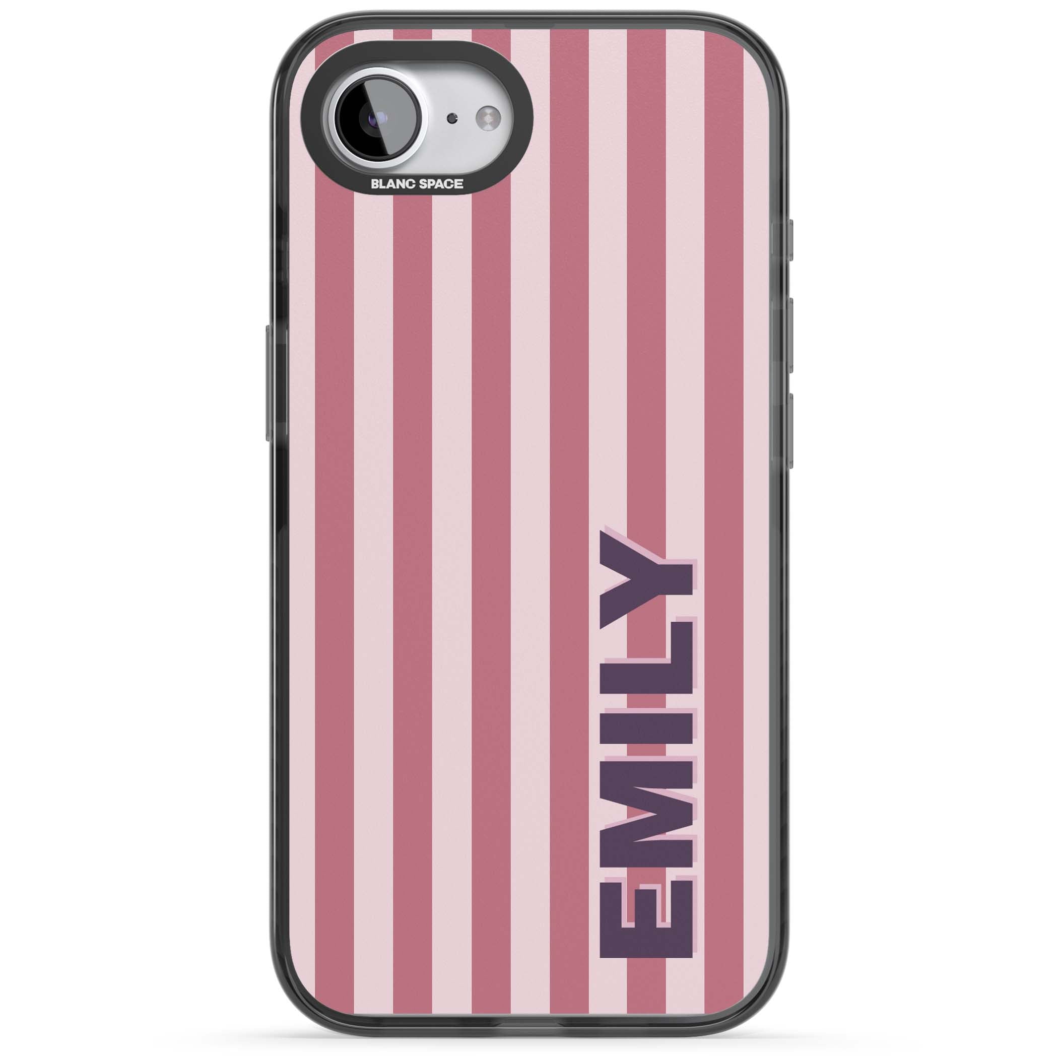 Victoria Stripe personalised iPhone case featuring pink vertical stripes and custom name in bold plum lettering | Black Impact case for iPhone 16e, iPhone 17e