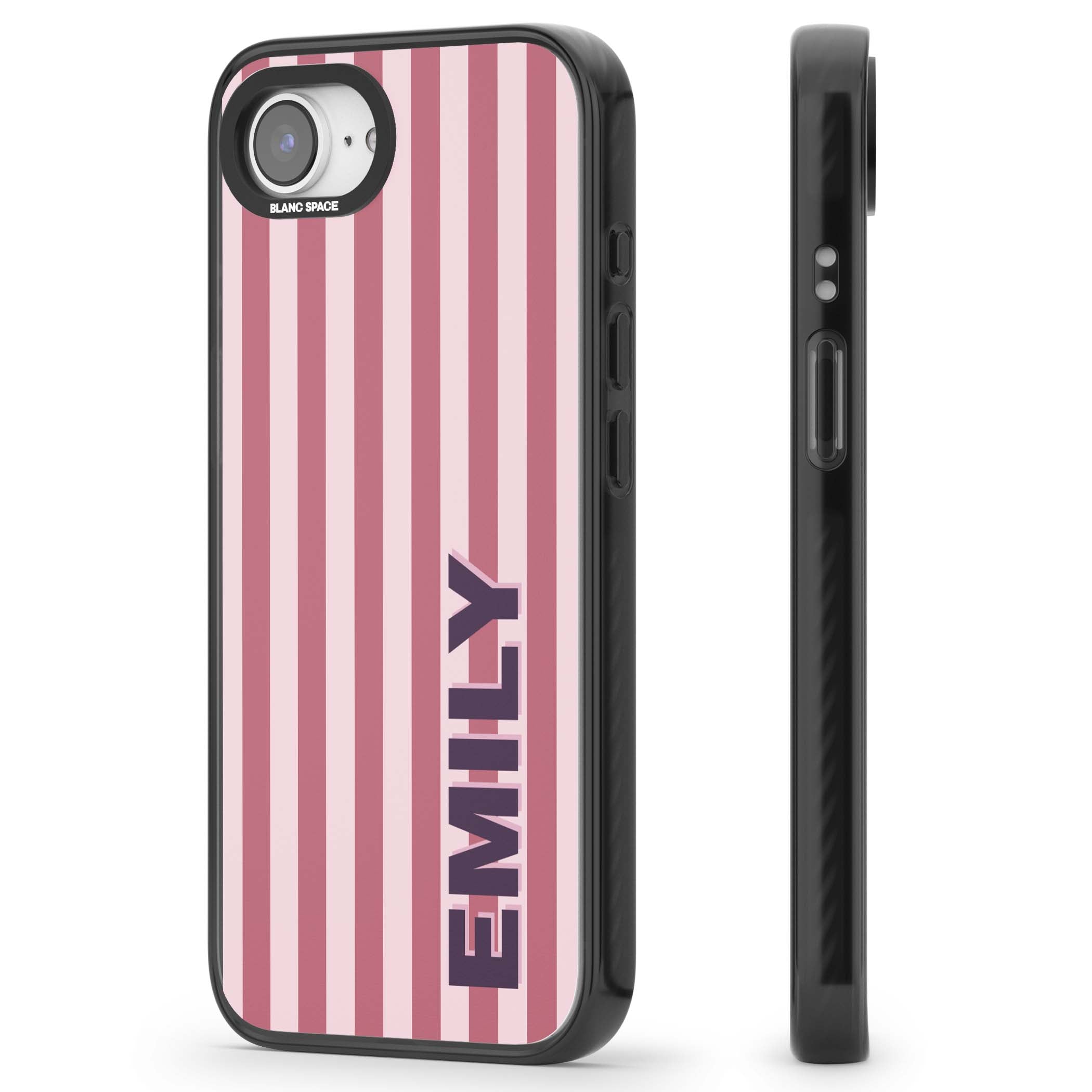 Victoria Stripe personalised iPhone case featuring pink vertical stripes and custom name in bold plum lettering | Black Impact case for iPhone 16e, iPhone 17e