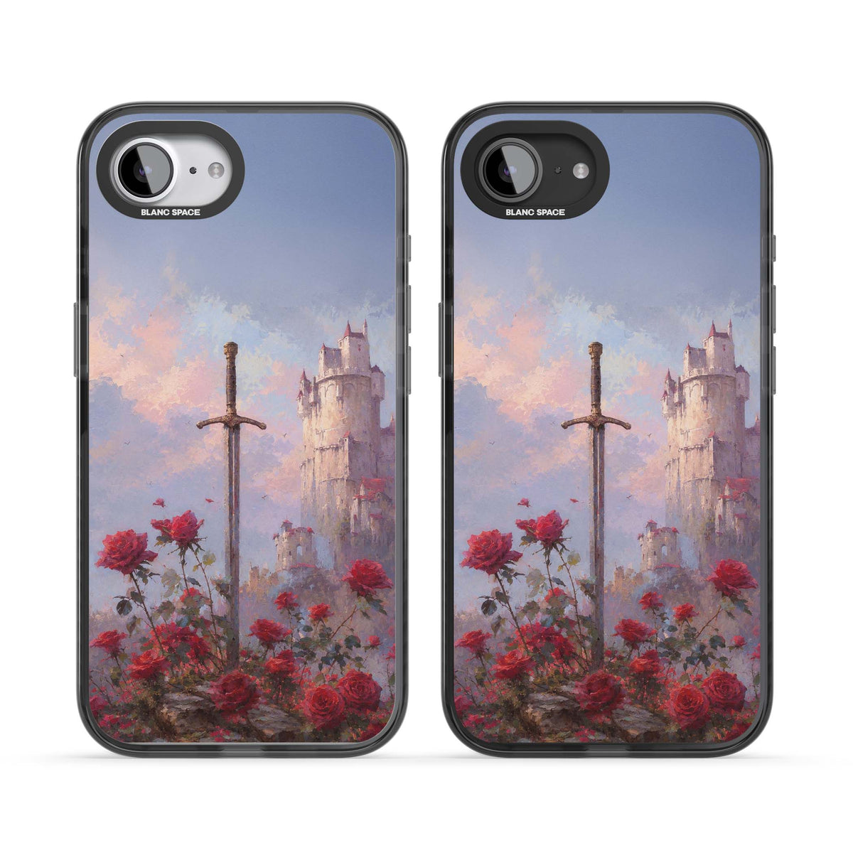 Sword in Roses medieval art iPhone case featuring a sword, red roses, and a misty fairytale castle at sunset | Black Impact case for iPhone 16e, iPhone 17e