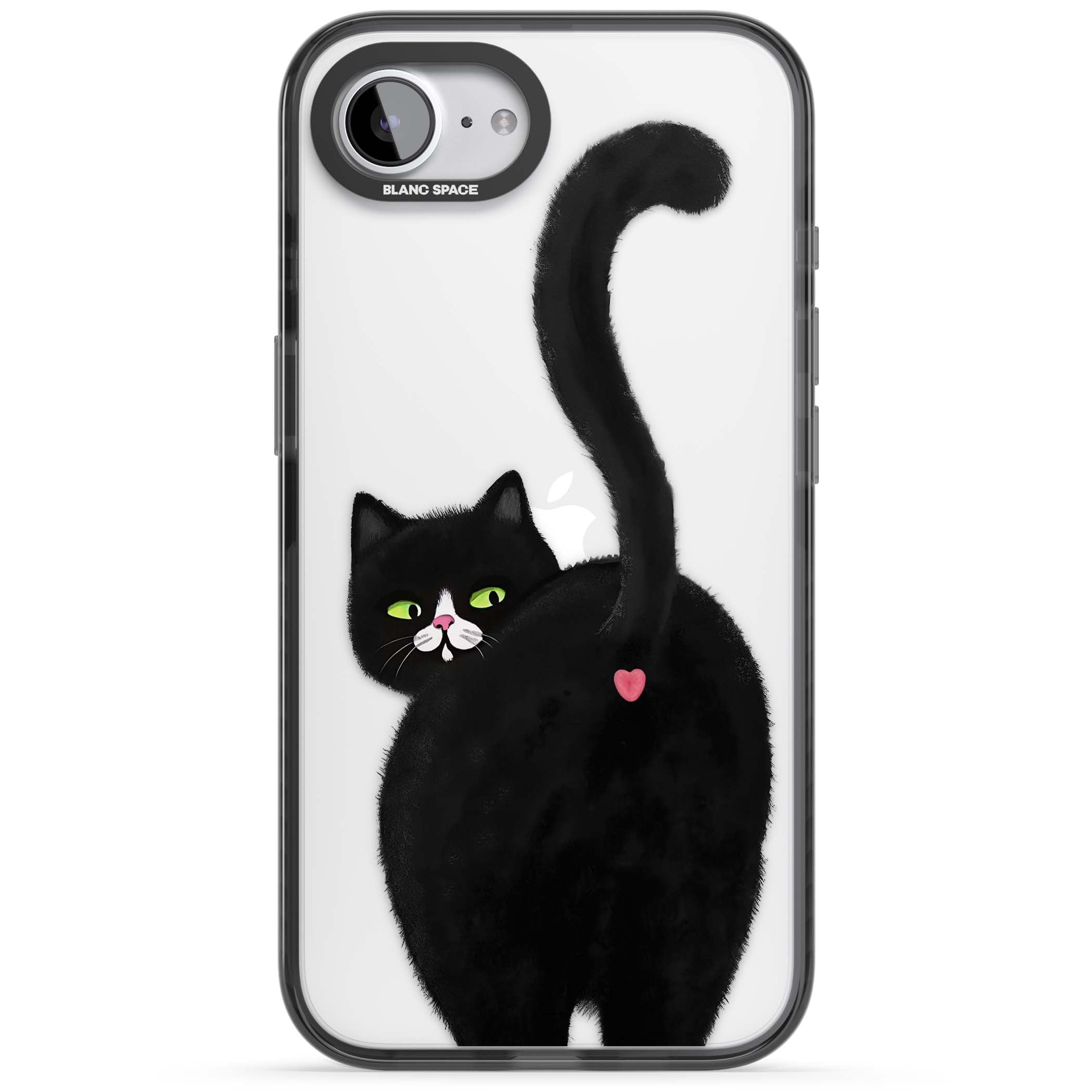 The Cat's Kiss cute cat iPhone case featuring a hand-painted tuxedo kitty with green eyes and a pink heart on a clear  | Black Impact case for iPhone 16e, iPhone 17e