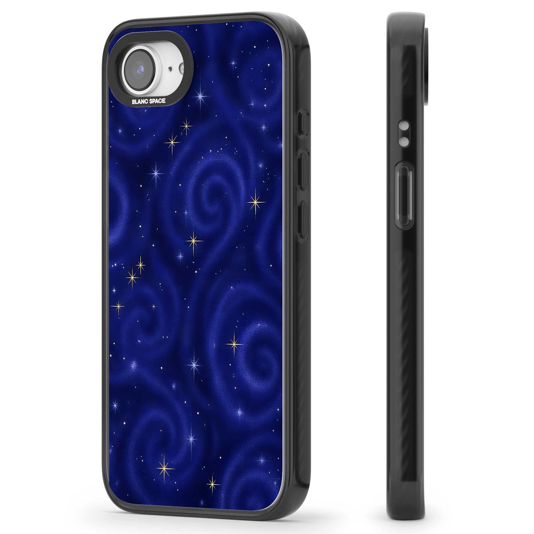Indigo Cosmos celestial iPhone case featuring swirling navy night sky and sparkling golden stars | Black Impact case for iPhone 16e, iPhone 17e