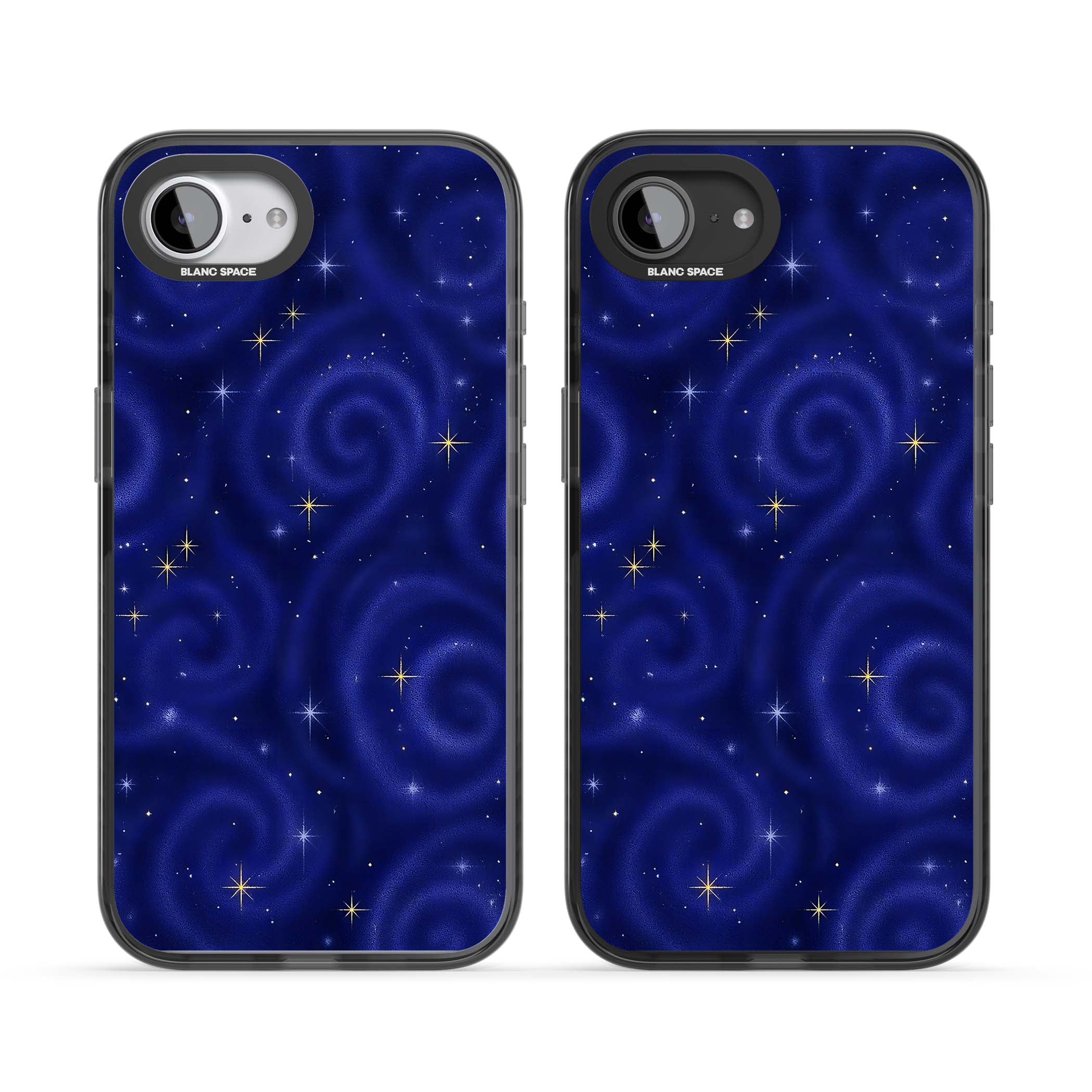 Indigo Cosmos celestial iPhone case featuring swirling navy night sky and sparkling golden stars | Black Impact case for iPhone 16e, iPhone 17e