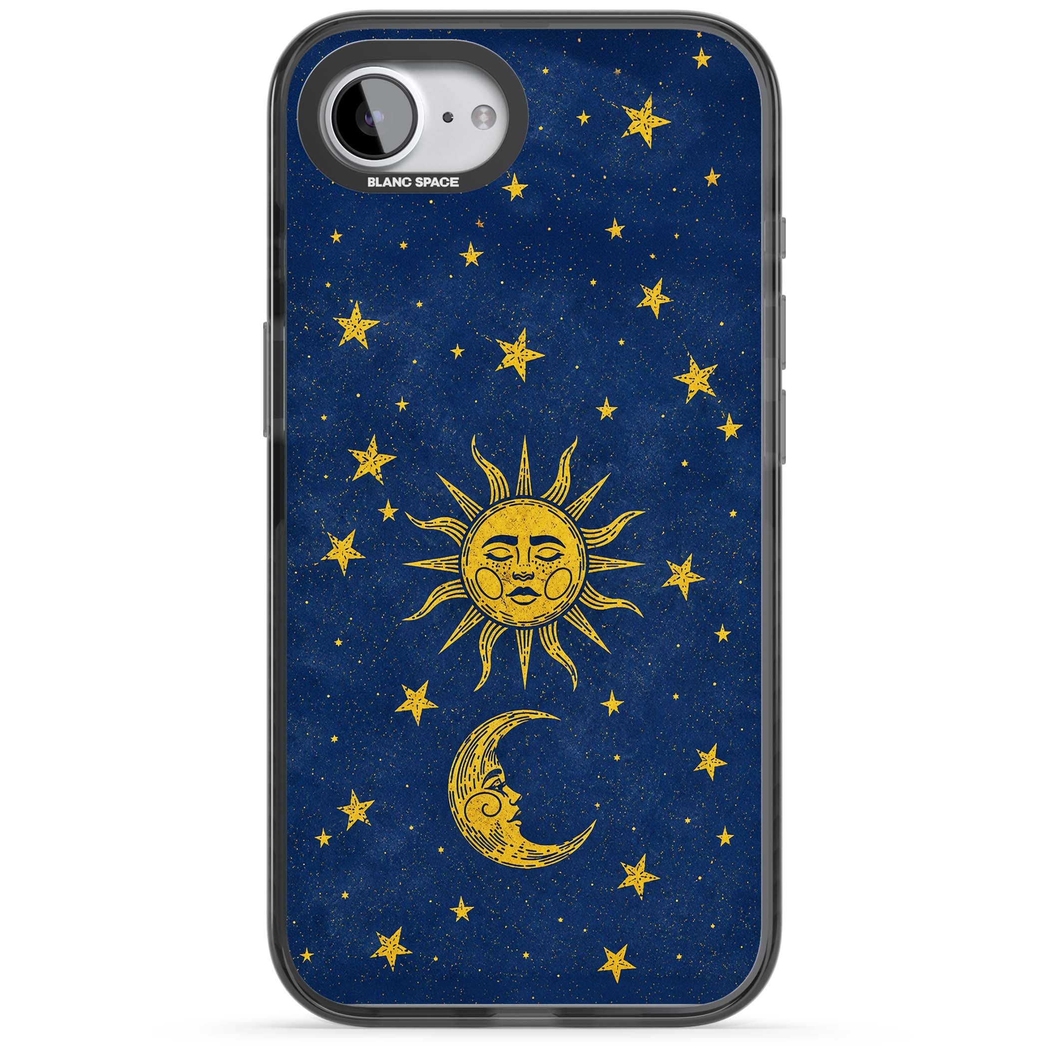 Sun & Moon Reverie celestial iPhone case featuring a vintage golden sun, crescent moon and scattered stars on midnight blue | Black Impact case for iPhone 16e, iPhone 17e