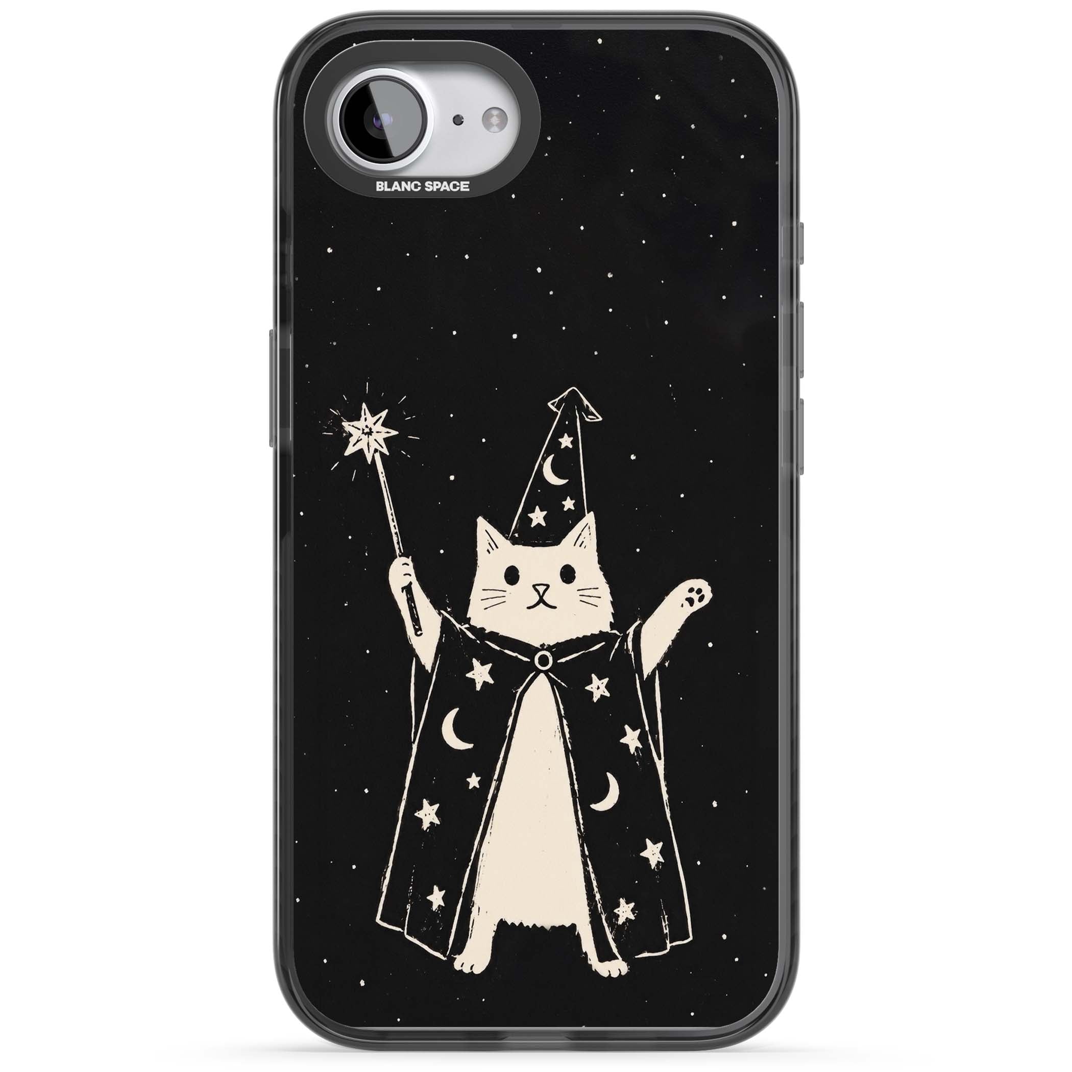 Whisker Wizard celestial cat iPhone case featuring a wizard cat with magic wand, starry night sky and crescent moons | Black Impact case for iPhone 16e, iPhone 17e