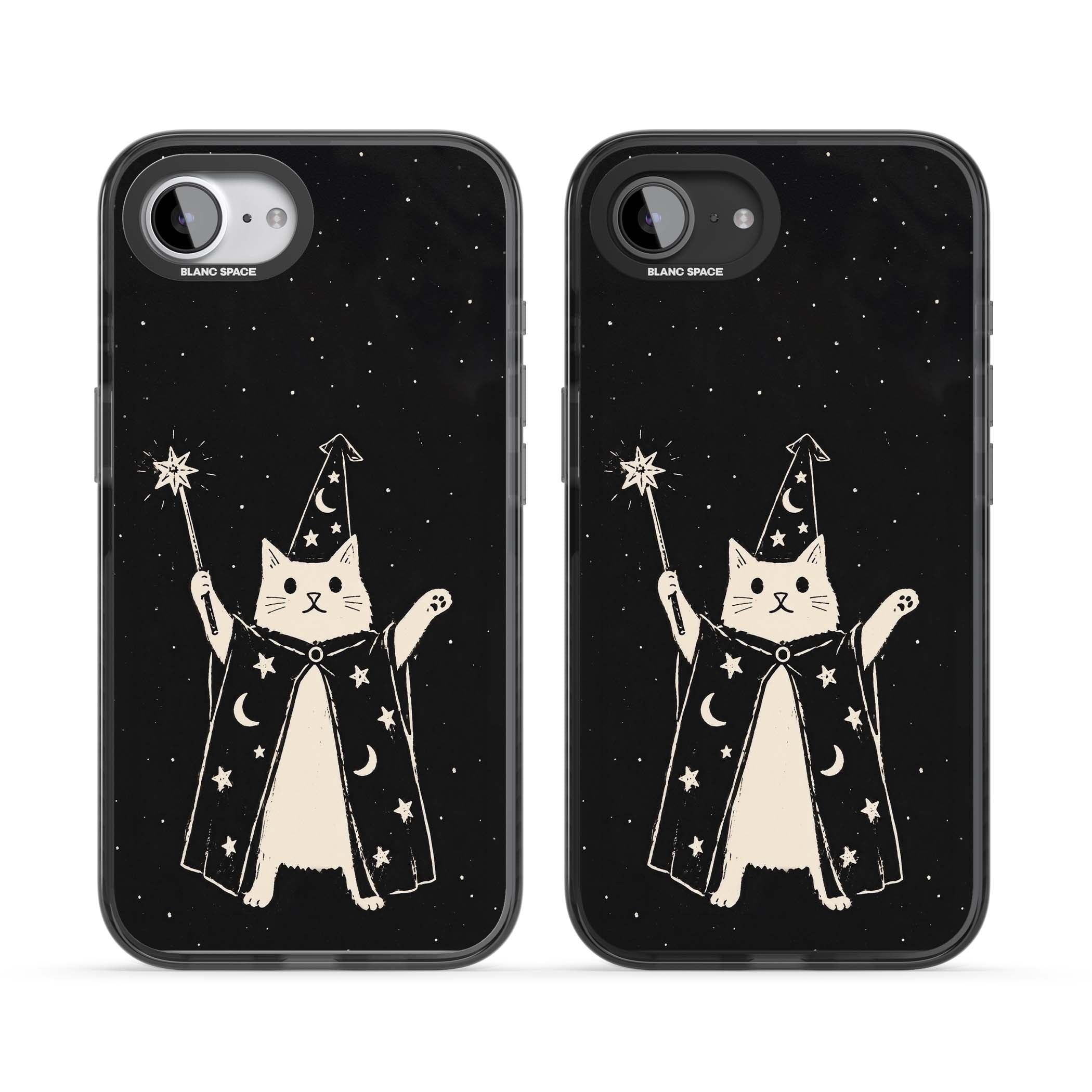 Whisker Wizard celestial cat iPhone case featuring a wizard cat with magic wand, starry night sky and crescent moons | Black Impact case for iPhone 16e, iPhone 17e